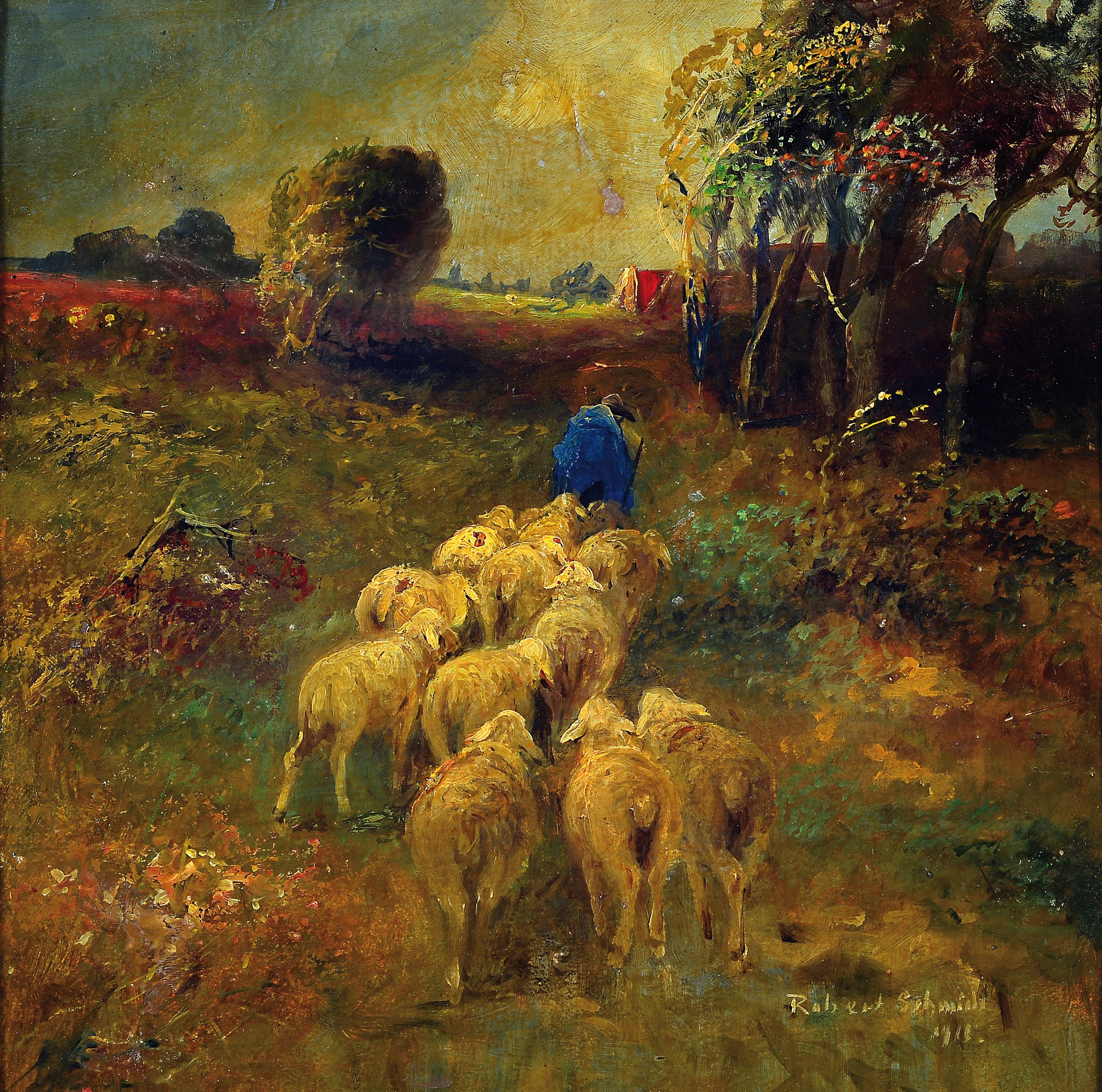 Robert Schmidt, 1863 Nürnberg-1927 München, 2 Arbeiten: Schäfer mit seiner Herde am Baum bestandenen Feldweg, Öl/Malkarton, rechts unten sign. ...