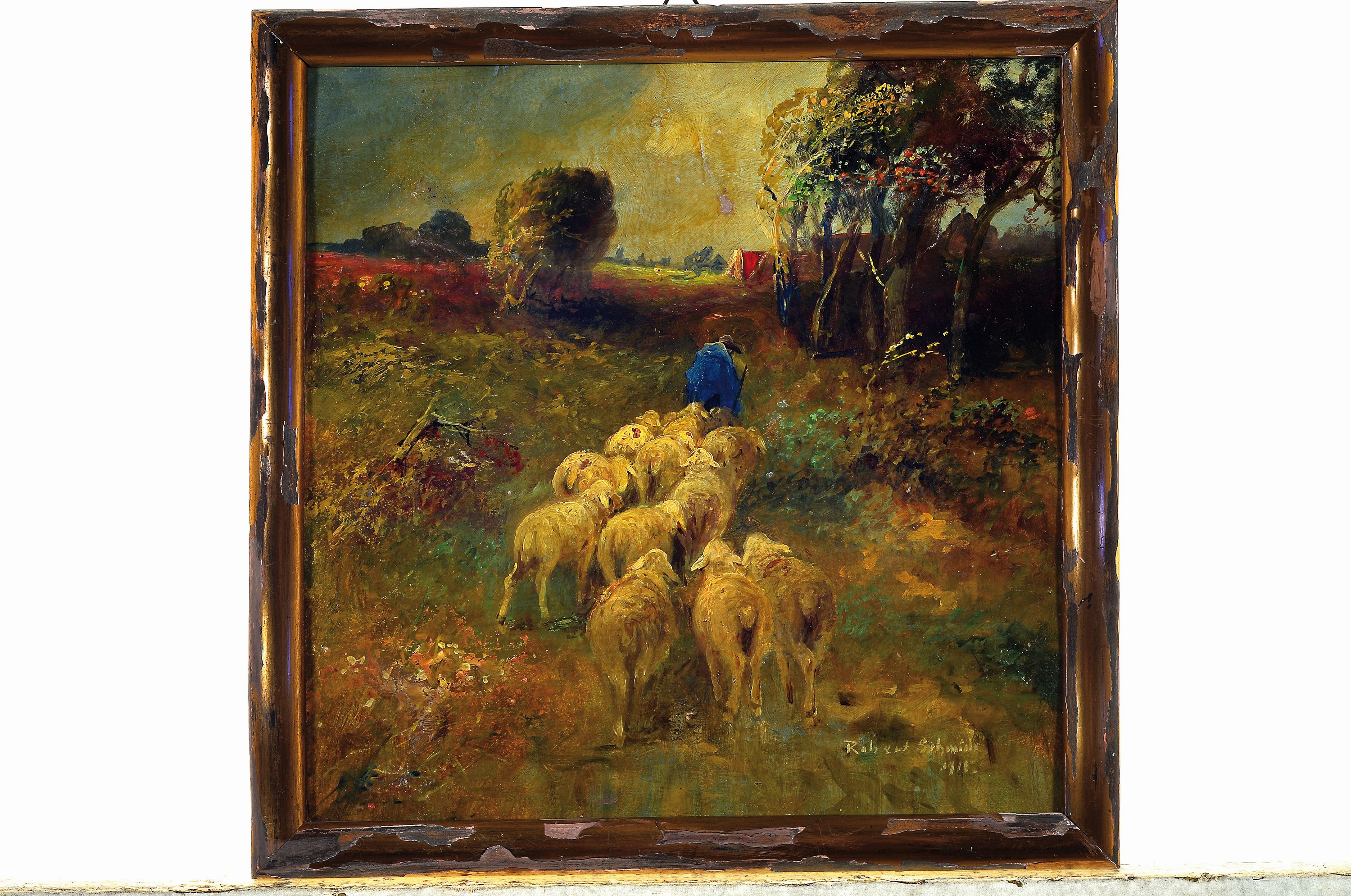 Detail k: Robert Schmidt, 1863 Nürnberg-1927 München, 2 Arbeiten: Schäfer mit seiner Herde am Baum bestandenen Feldweg, Öl/Malkarton, rechts unten sign. ...