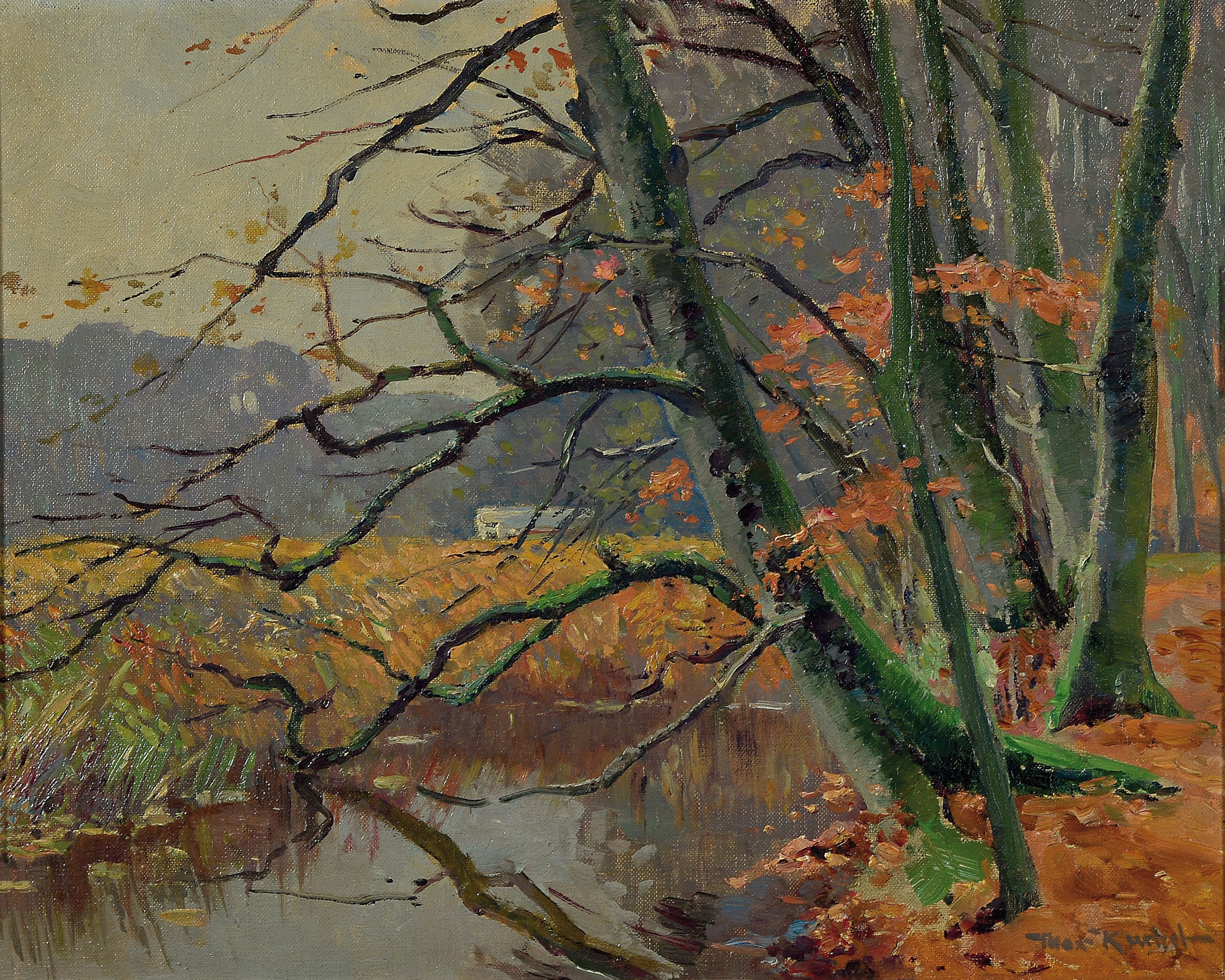Max Kuchel, 1859 Altona-1933 Klein Flottbeck, Herbstliche Landschaft mit Bachlauf am Feldrand, Öl/Malkarton, rechts unten sign., ca. 40x50cm, R. ca. ...
