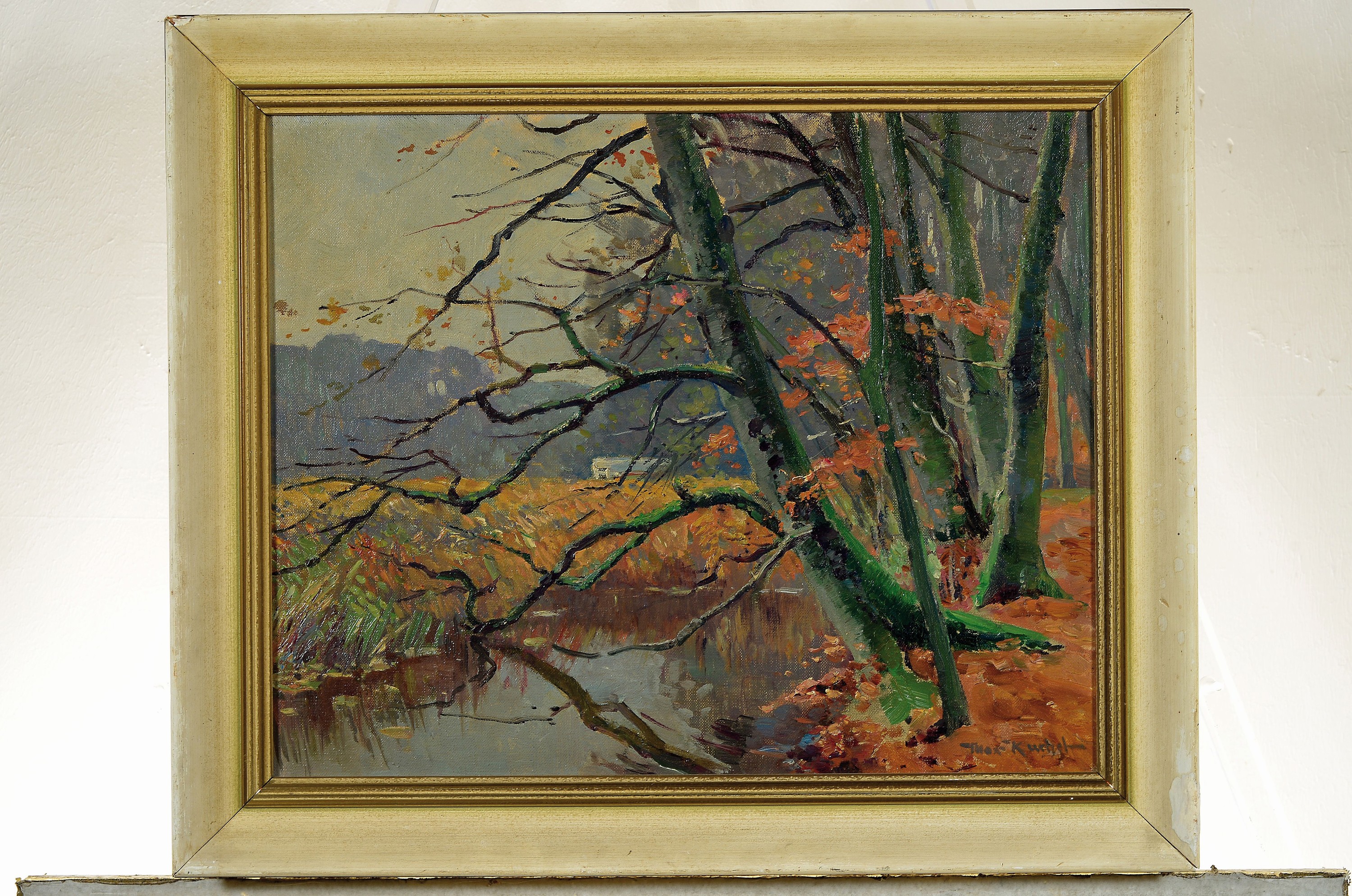 Detail k: Max Kuchel, 1859 Altona-1933 Klein Flottbeck, Herbstliche Landschaft mit Bachlauf am Feldrand, Öl/Malkarton, rechts unten sign., ca. 40x50cm, R. ca. ...
