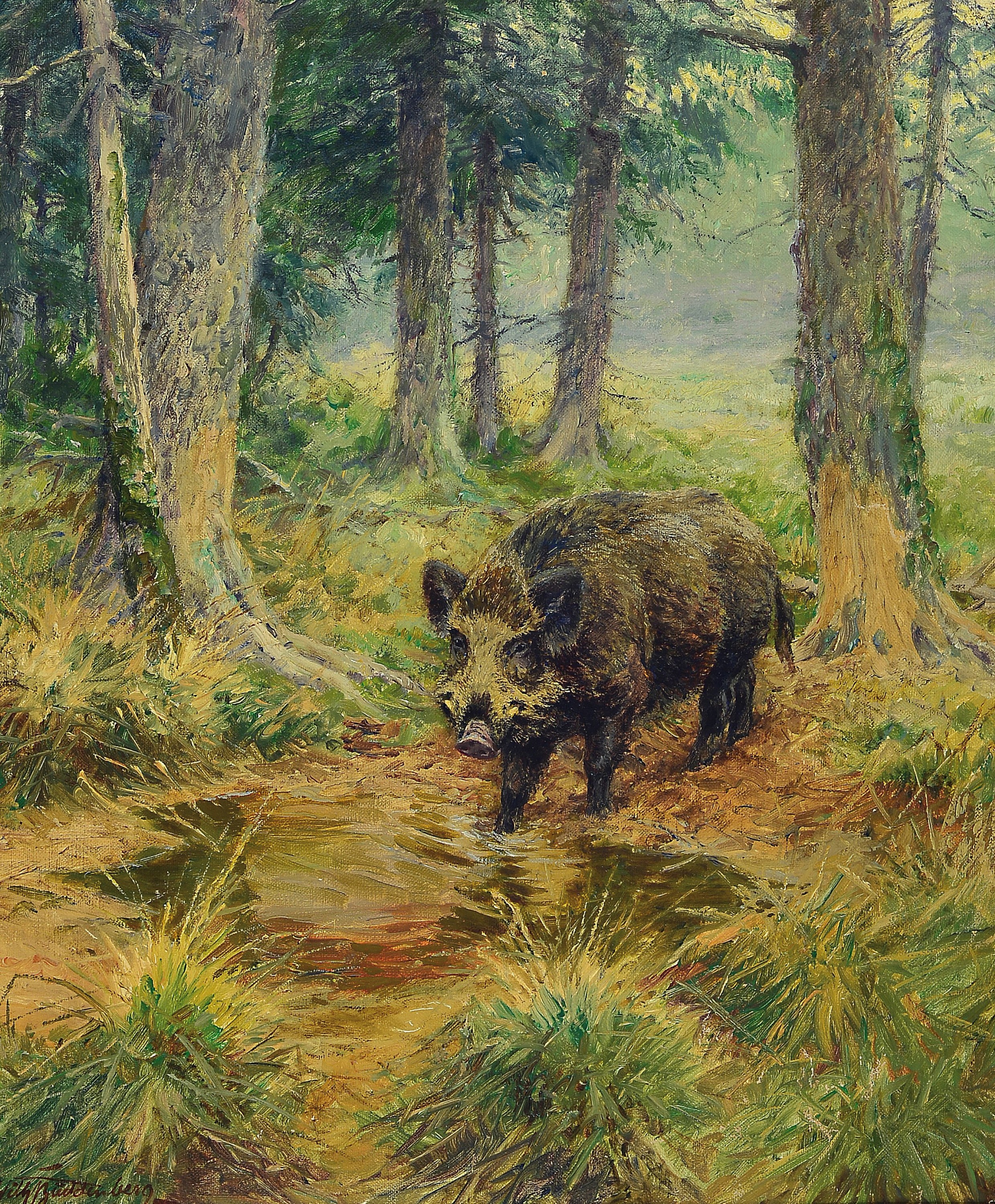 Wilhelm Buddenberg, 1890 Trier-1967 Neuss, Keiler an der Suhle, Öl/Lwd, links unten sign., ca. 61x51cm, R. ca. 73x63cm