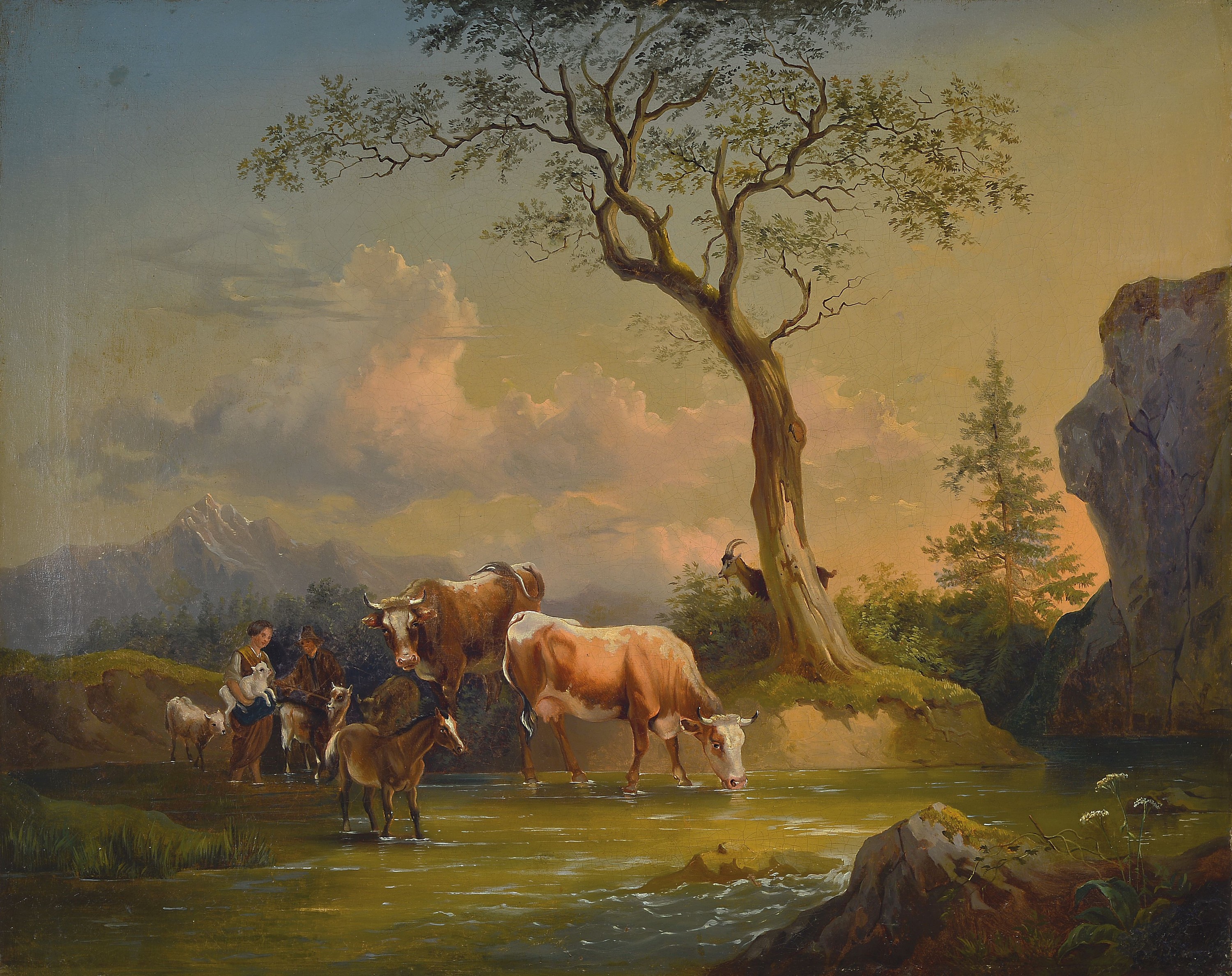 Unbekannter Spätromatiker, Mitte 19. Jh., Kühe, Fohlen und Ziegen an der Tränke, Öl/ Lwd, altersbedingt krakeliert, rest., ca. 63x78cm