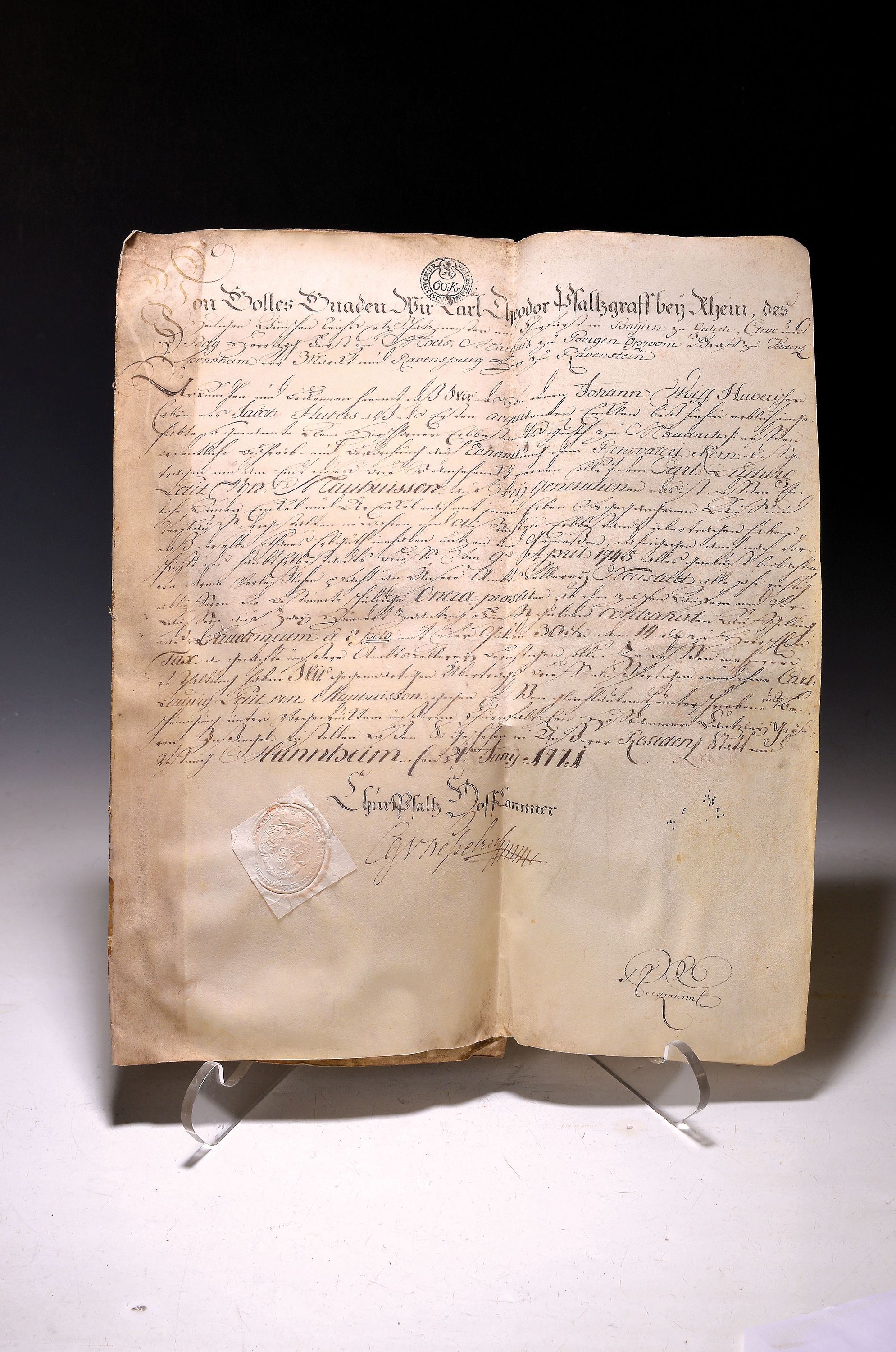 Urkunde: Karl Theodor, Pfalzgraf bei Rhein (1724-1799), Mannheim Juni 1771, Urkunde die Erben des Jacob Hubers betreffend, Tinte auf Pergament, ...