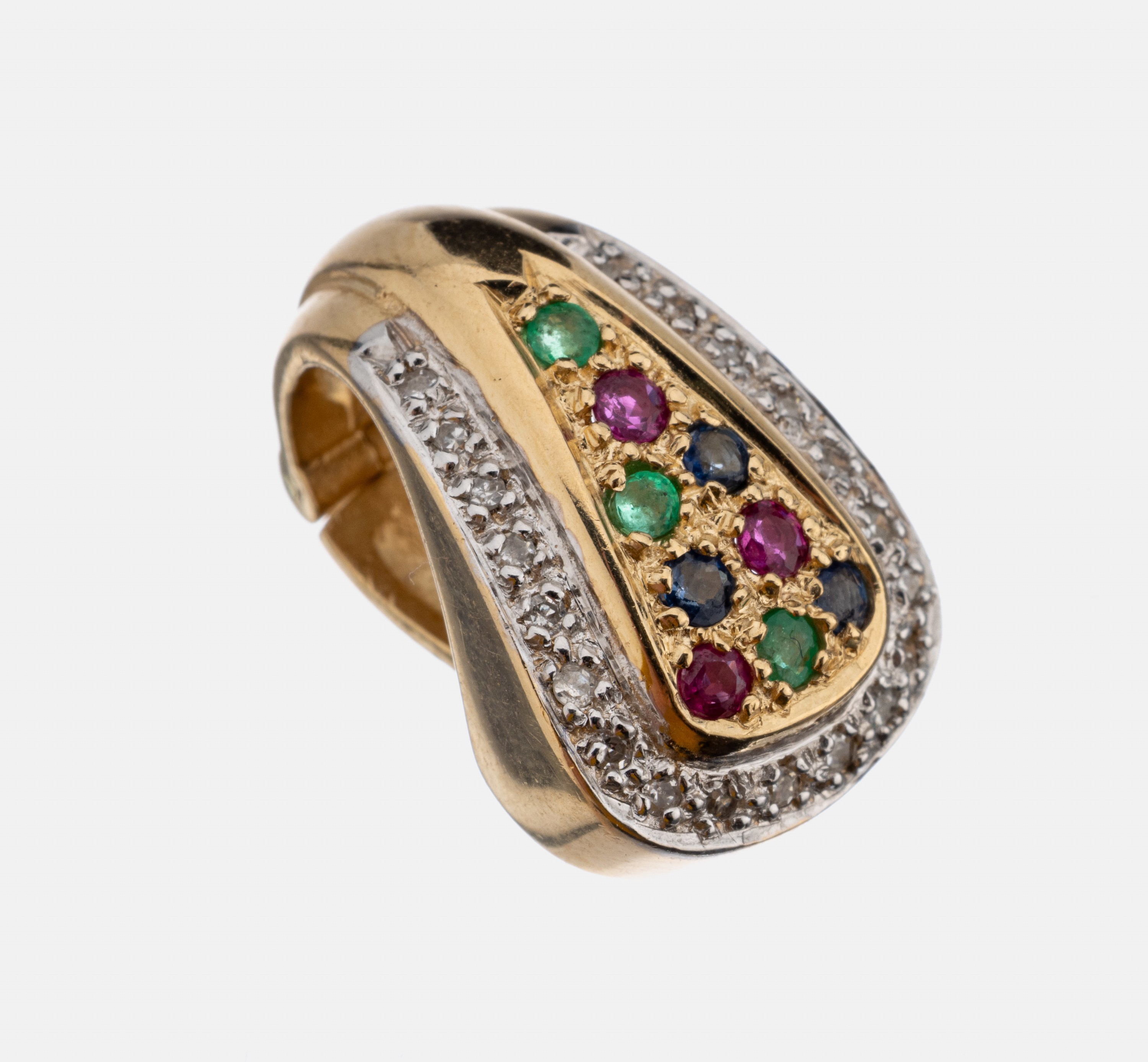 14 kt Gold Farbstein-Diamant-Clipanhänger, GG/WG 585/000, 20 in WG gefasste 8/8- Diamanten zus. ca. 0.10 ct Weiß/p, 3 rundfacett. Rubine, Saphire ...