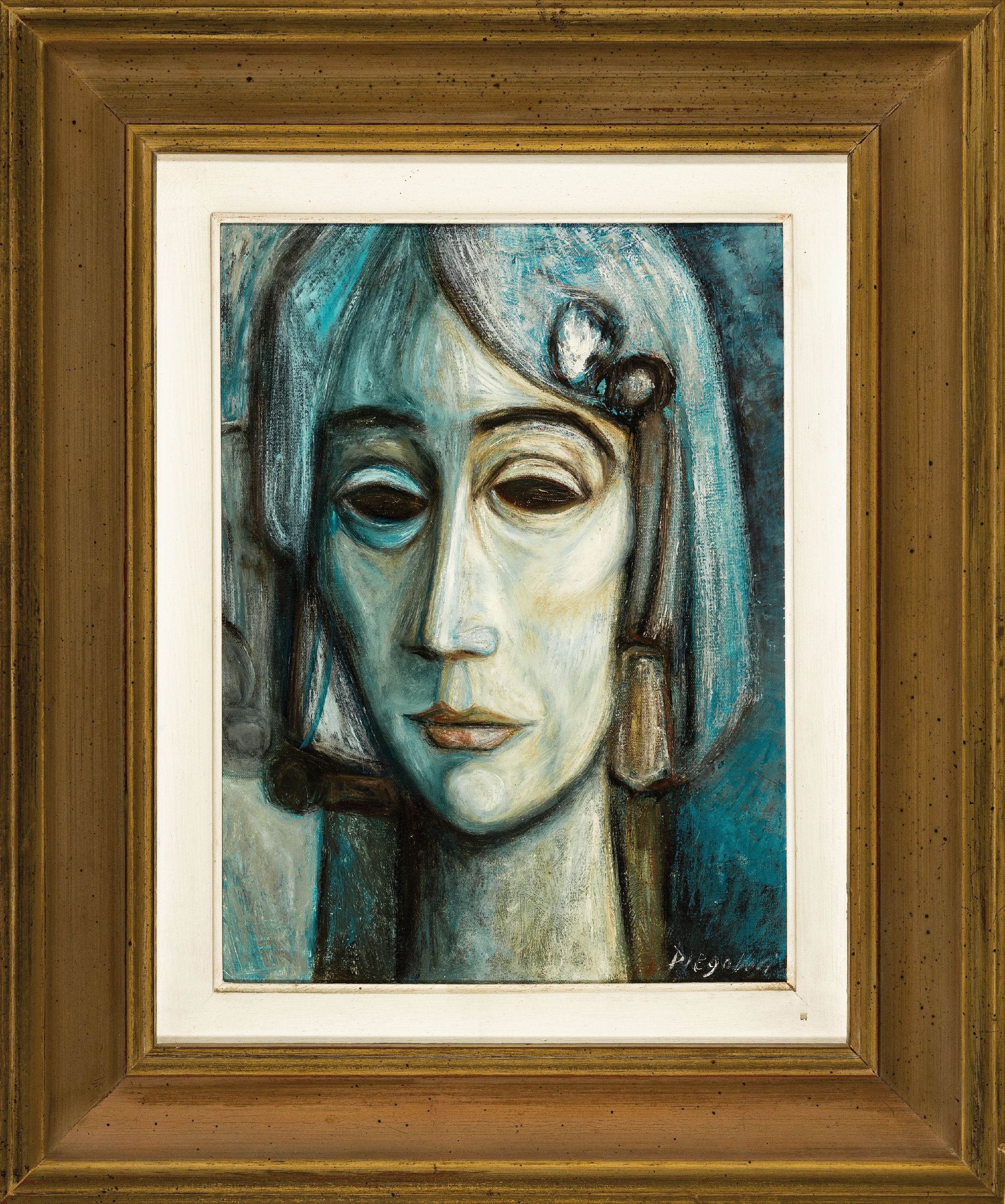 Detail k: Prof. Antonio Diego Voci, 1920 Gasperina-1985 Taunusstein, "Visage en bleu", 1973, Frauenporträt im Stil der Ecole de Paris, Öl/Lwd, ...