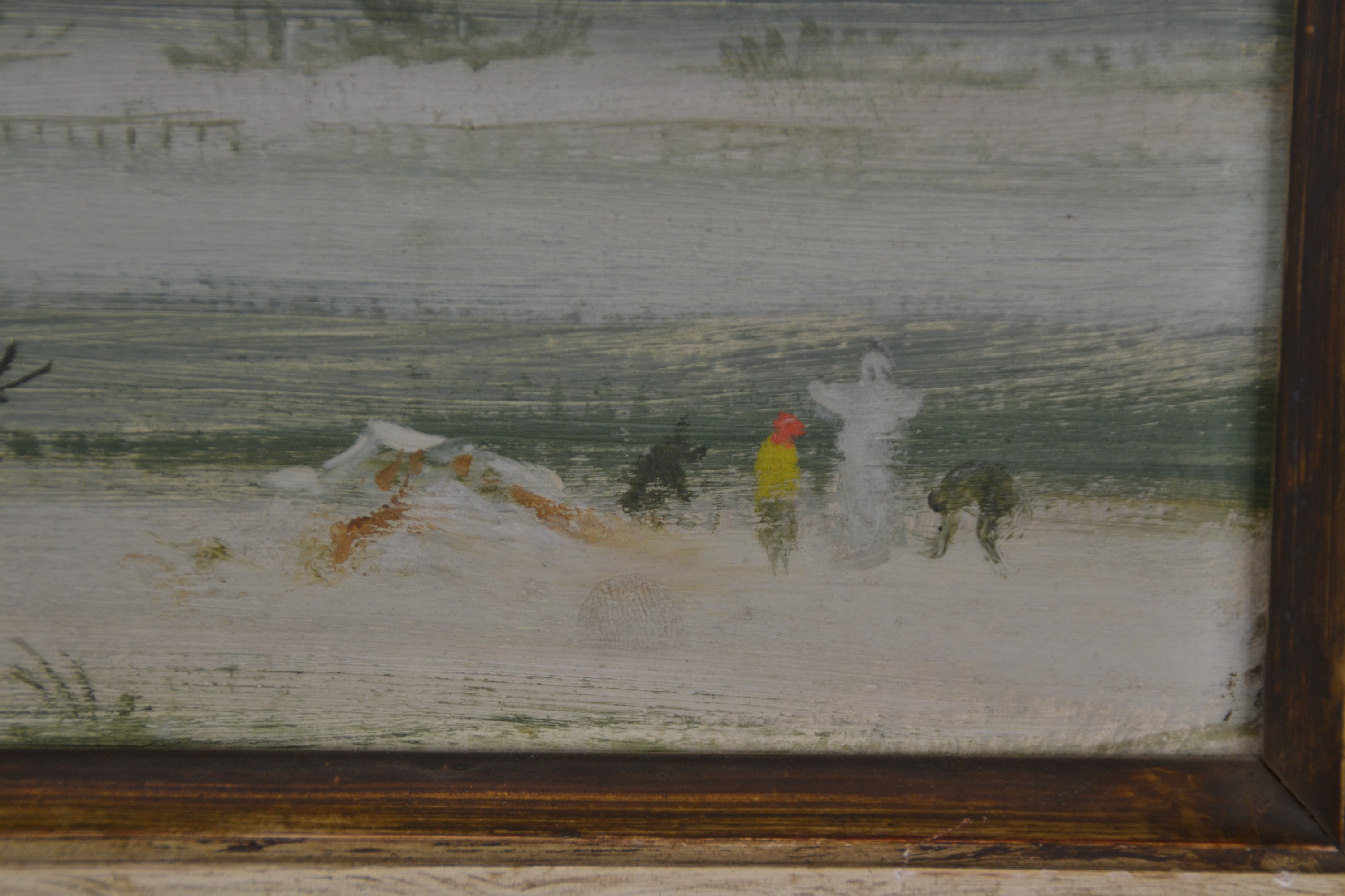 Detail e: Theo Champion, 1887 Oberkassel-1952 Zell an der Mosel, rheinische Winterlandschaft, Kinder beim Bau eines Schneemannes, objektiv -neusachliche ...