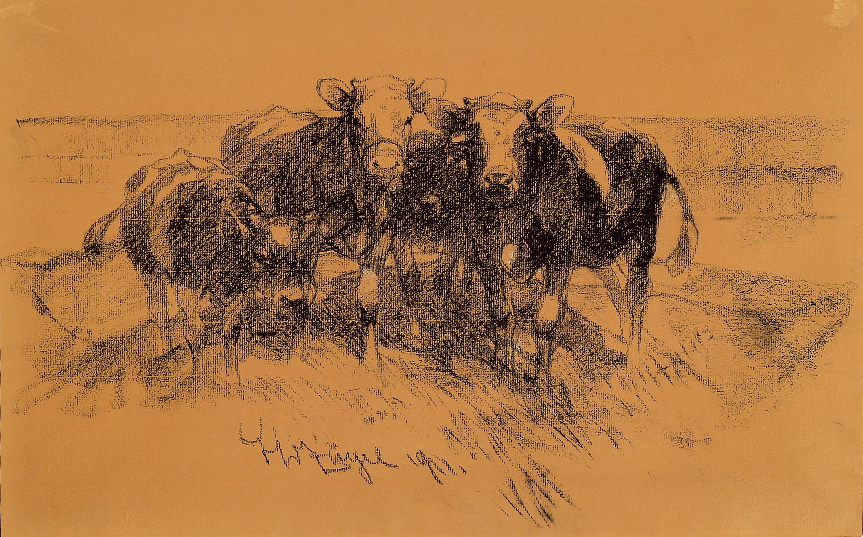Heinrich von Zügel, 1850 Murrhardt-1941 München, Kohlezeichnung, drei Jungrinder auf der Wiese, entstanden in Wörth 1911, typische Komposition ...