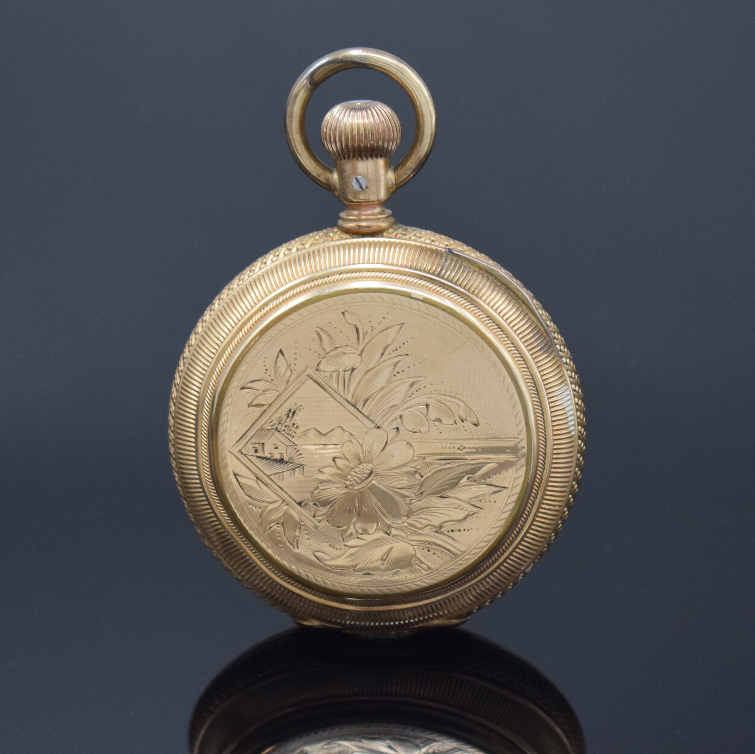 Detail a: GIRARD WATCH Co vergoldete Herrensavonette mit Goldkette, USA um 1880, floral grav. Geh. m. gerippten Rändern, sign. Emailzifferbl., gebl. Zeiger, ...