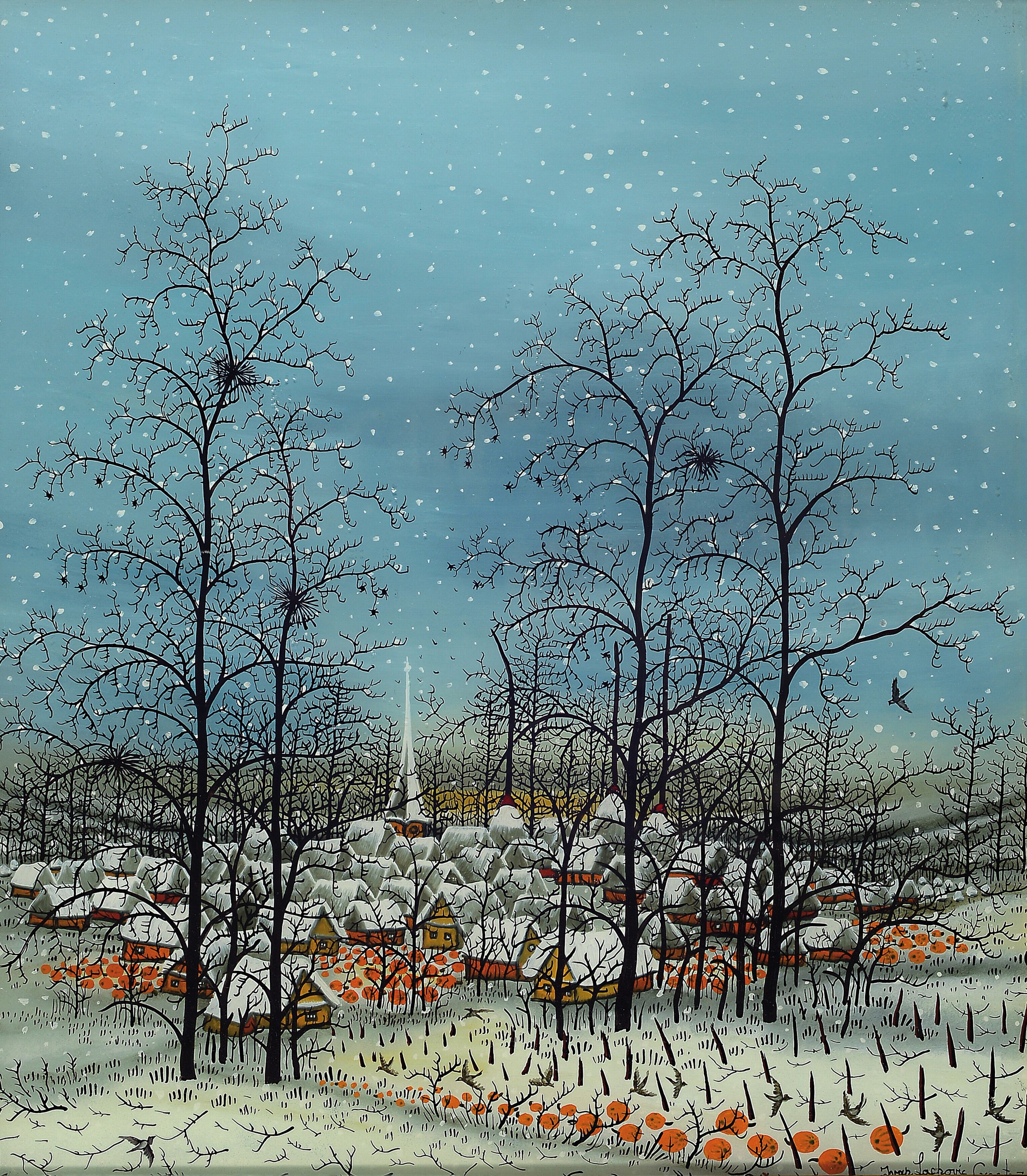 Ivan Lackivic, 1932 Batinske - Zagreb 2004, naive Hinterglasmalerei, 1977, Winterlandschaft, re. unten signiert und dat. 77, 43.5 x 38.5 cm, Rahmen
