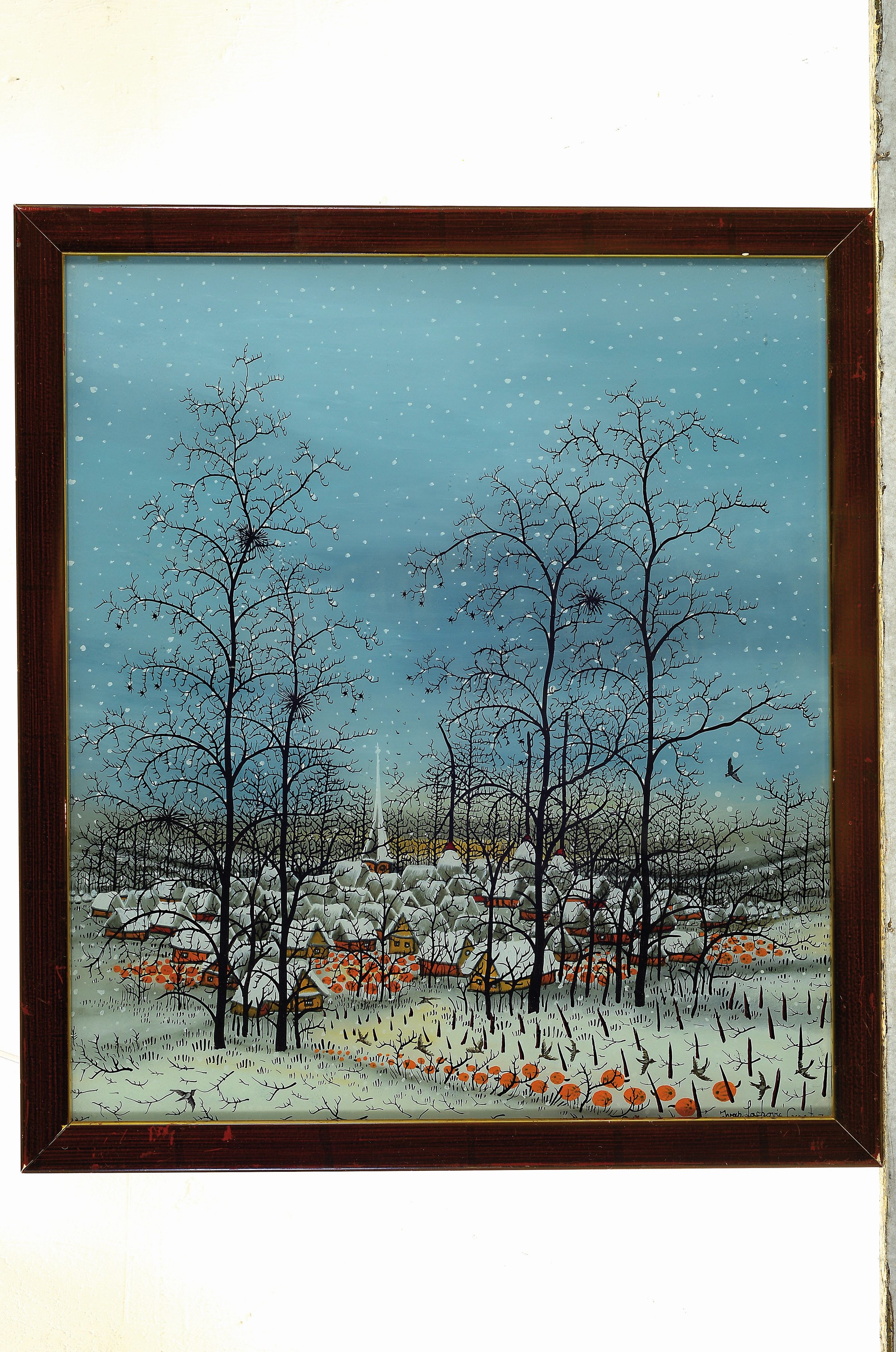 Detail k: Ivan Lackivic, 1932 Batinske - Zagreb 2004, naive Hinterglasmalerei, 1977, Winterlandschaft, re. unten signiert und dat. 77, 43.5 x 38.5 cm, Rahmen