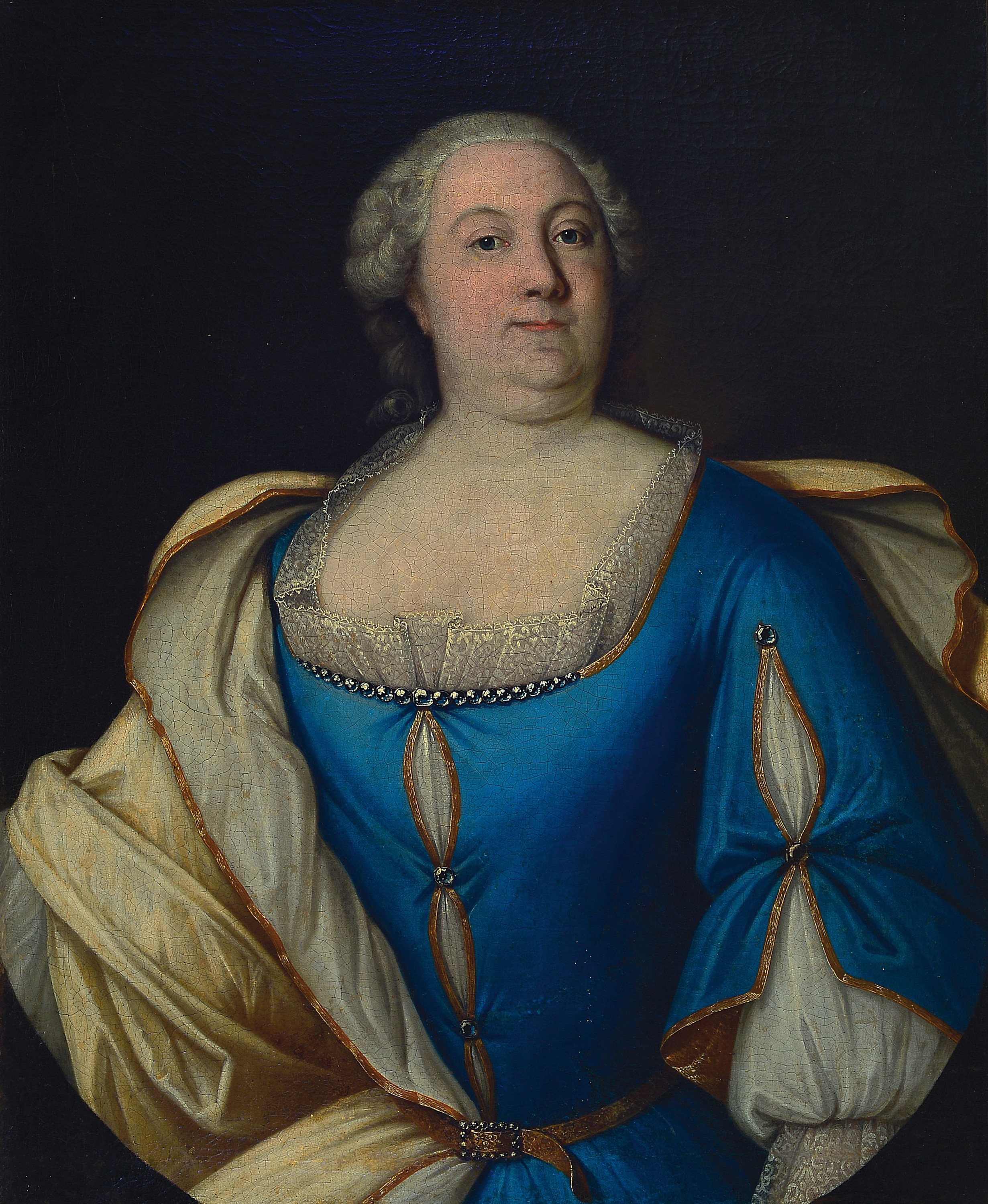 Unbekannter Künstler, wohl deutsch, Hälfte 18. Jh., Porträt einer Edeldame, Öl/Lwd, krakeliert, restauriert, l. Altersschäden, ca.83 x 69 cm, ...