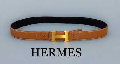 Image 26894327 - HERMES Gürtel, Constance, Gr. 100, cognacfarb./schwarzes Leder, goldfarb. H ...