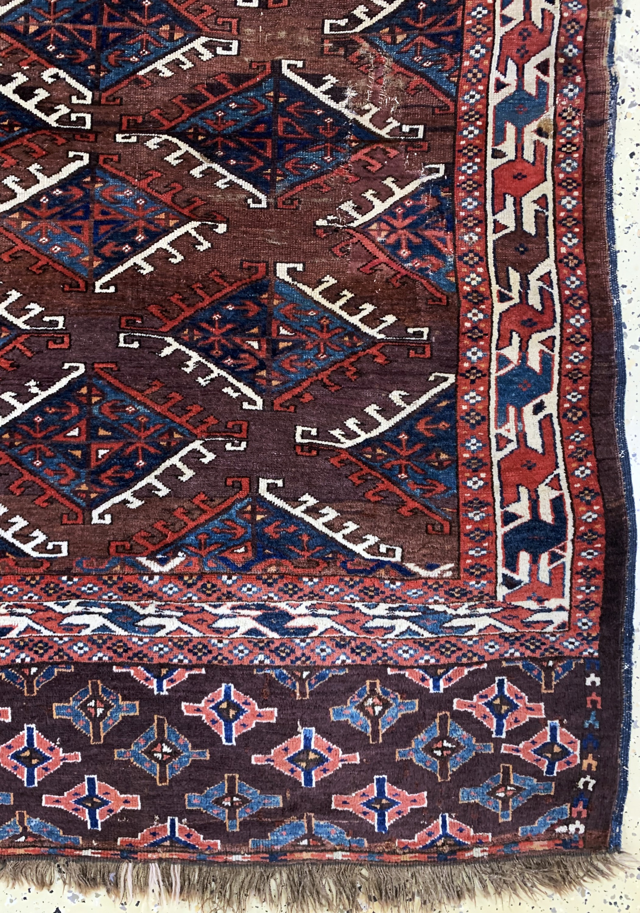 Detail a: Yomud Hauptteppich antik, Turkmenistan, 19.Jhd, Wolle auf Wolle, ca. 300 x 180 cm, EHZ: 3-4, (restauriert)