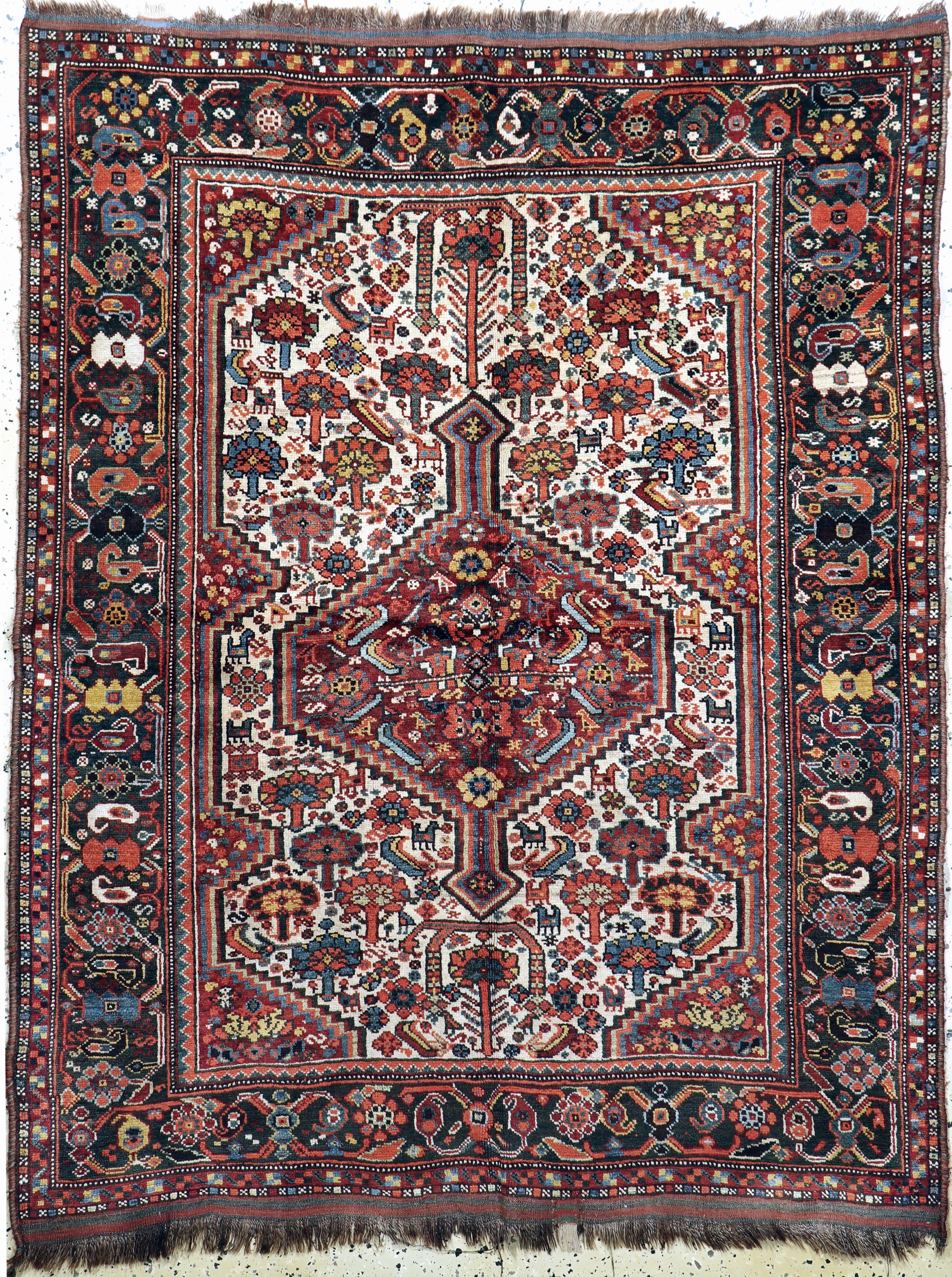 Khamseh antik, Persien, 19.Jhd, Wolle auf Wolle, ca. 190 x 144 cm, Mottenfraß, EHZ: 3