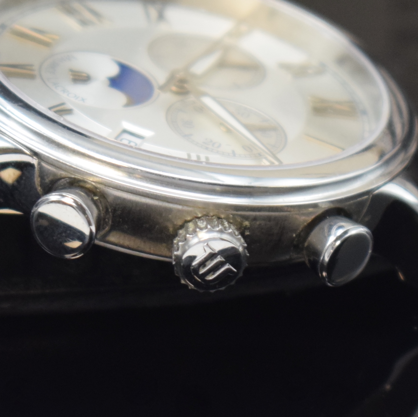 Detail c: Maurice Lacroix Phase De Lune Herrenchronograph mit Vollkalender in Stahl Referenz LC1138, quarz, Boden aufgedr., Lederband m. orig. Faltschl., silb. ...