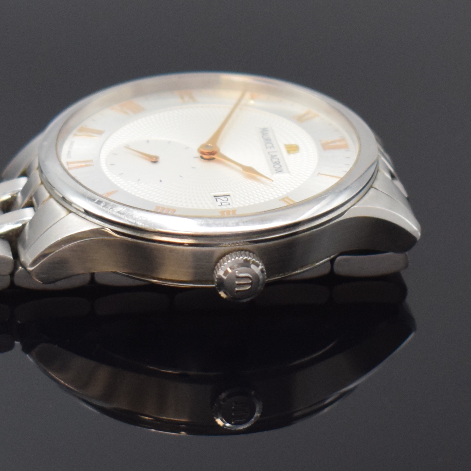 Detail c: Maurice Lacroix Herrenarmbanduhr in Stahl Referenz MP6907, Schweiz um 2010, Automatik, beids. vergl., Boden 4-fach verschr., orig. Stahlband m. dopp. ...