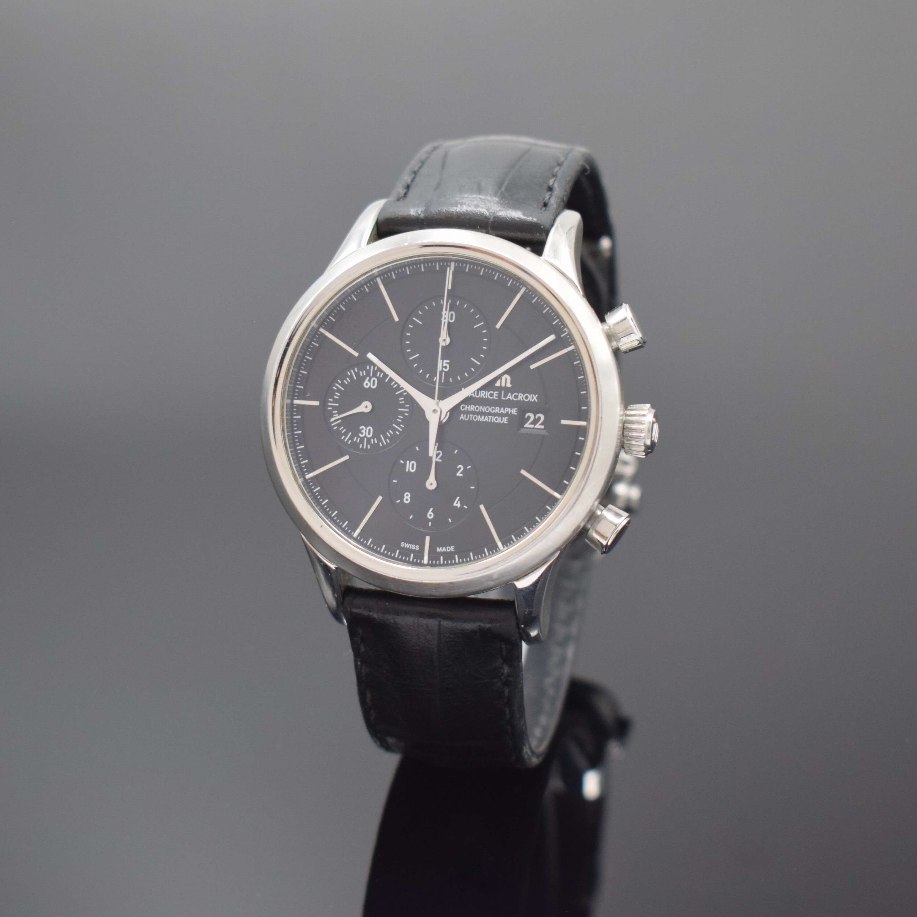 MAURICE LACROIX Herrenchronograph in Stahl Referenz LC6058, Schweiz um 2014, Automatik, Boden aufgedr., Lederband m. orig. Faltschl., Saphirglas, ...
