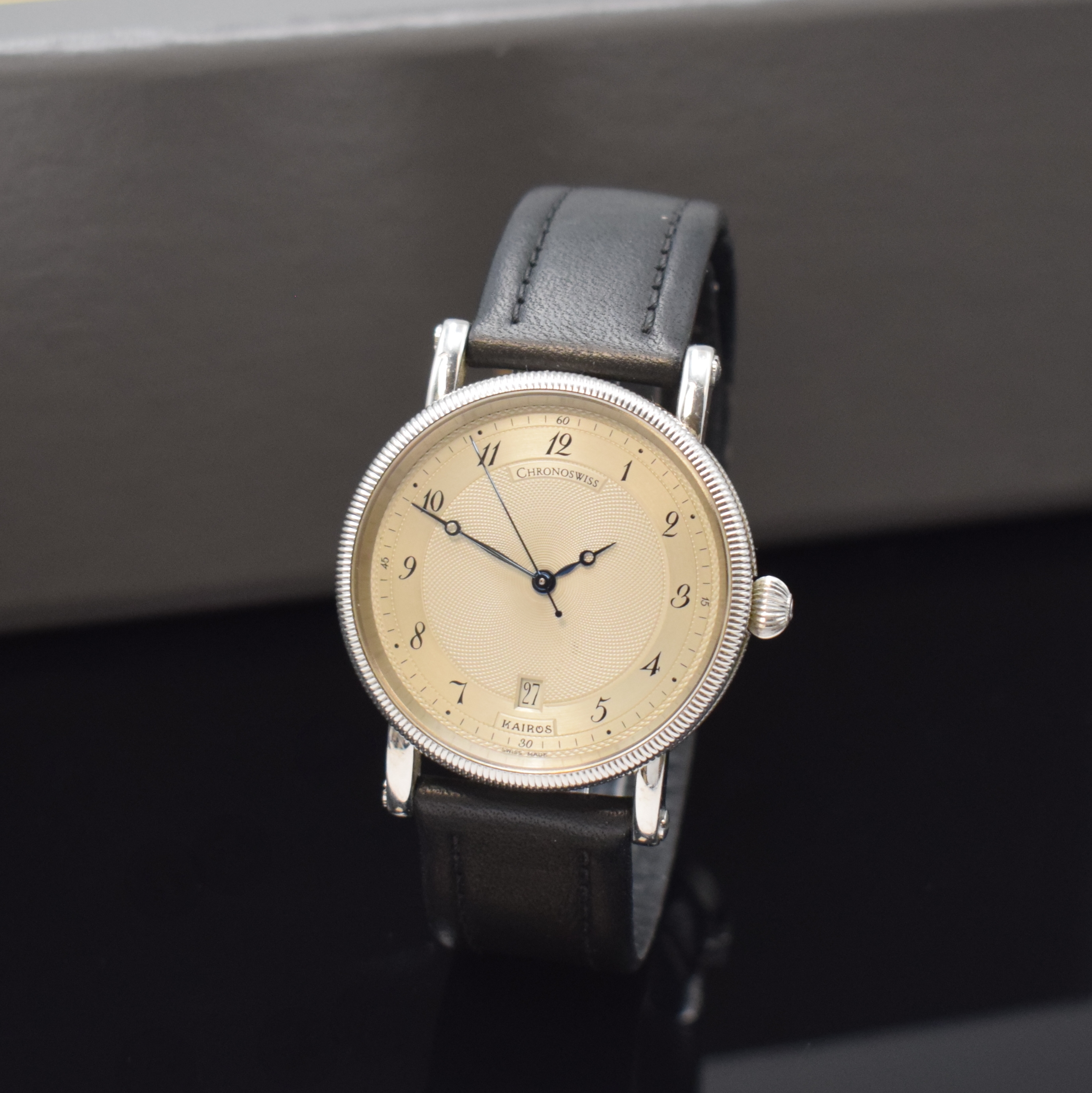 CHRONOSWISS Armbanduhr Serie Kairos Referenz CH 2823, Schweiz um 1992, Automatik, beids. vergl. Edelstahlgeh., Boden verschr., silb. Zifferbl. z. T. ...