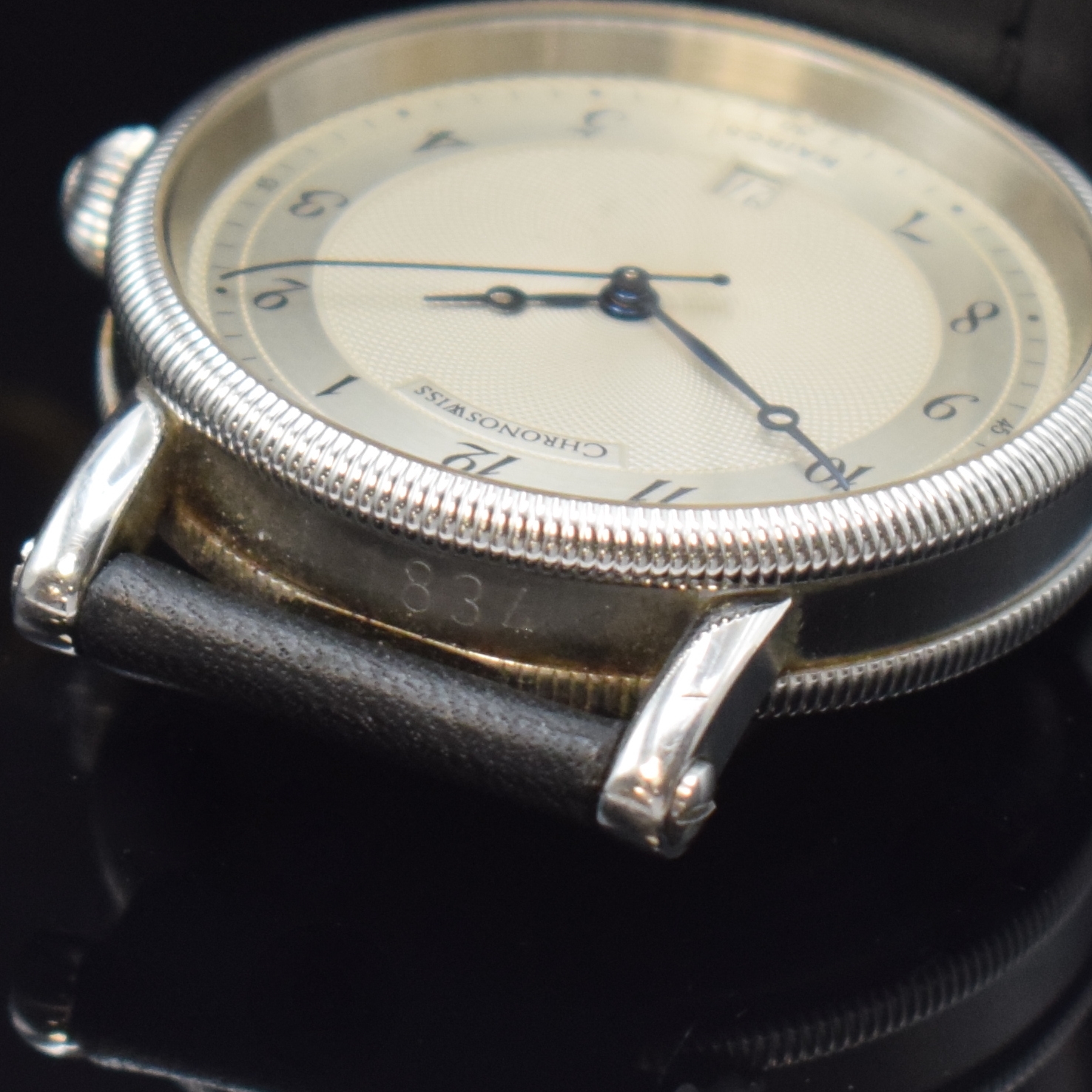 Detail e: CHRONOSWISS Armbanduhr Serie Kairos Referenz CH 2823, Schweiz um 1992, Automatik, beids. vergl. Edelstahlgeh., Boden verschr., silb. Zifferbl. z. T. ...