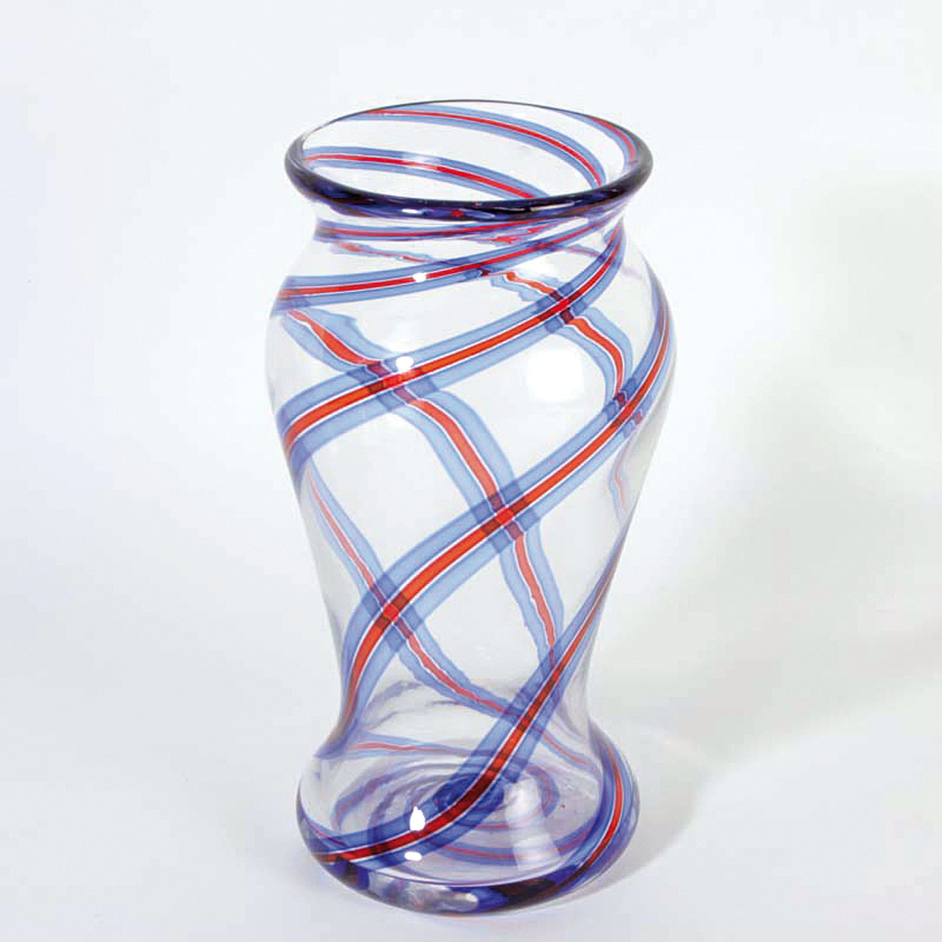 Glasvase, Anzolo Fuga (1914-1998), Murano, Italien, farbloses Glas, spiralförmig verlaufende blaue und rote Bändereinschmelzungen, unsigniert, H. ...