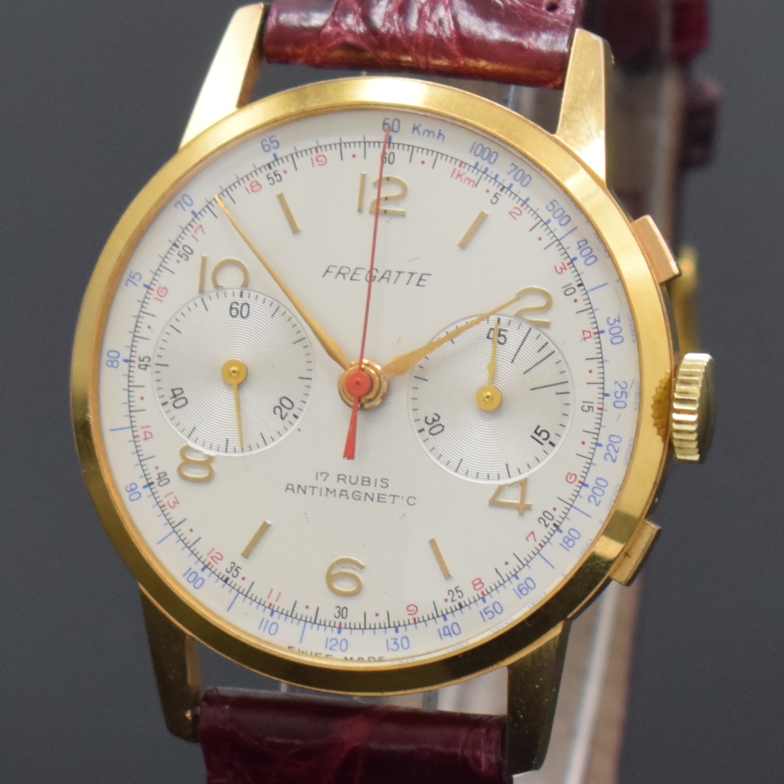 Detail a: FREGATTE Armbandchronograph, Handaufzug, Schweiz um 1960, verg. Gehäuse, Stahlboden aufgedr., silb. Zifferbl. altersbed. l. fl./besch., gold. ...