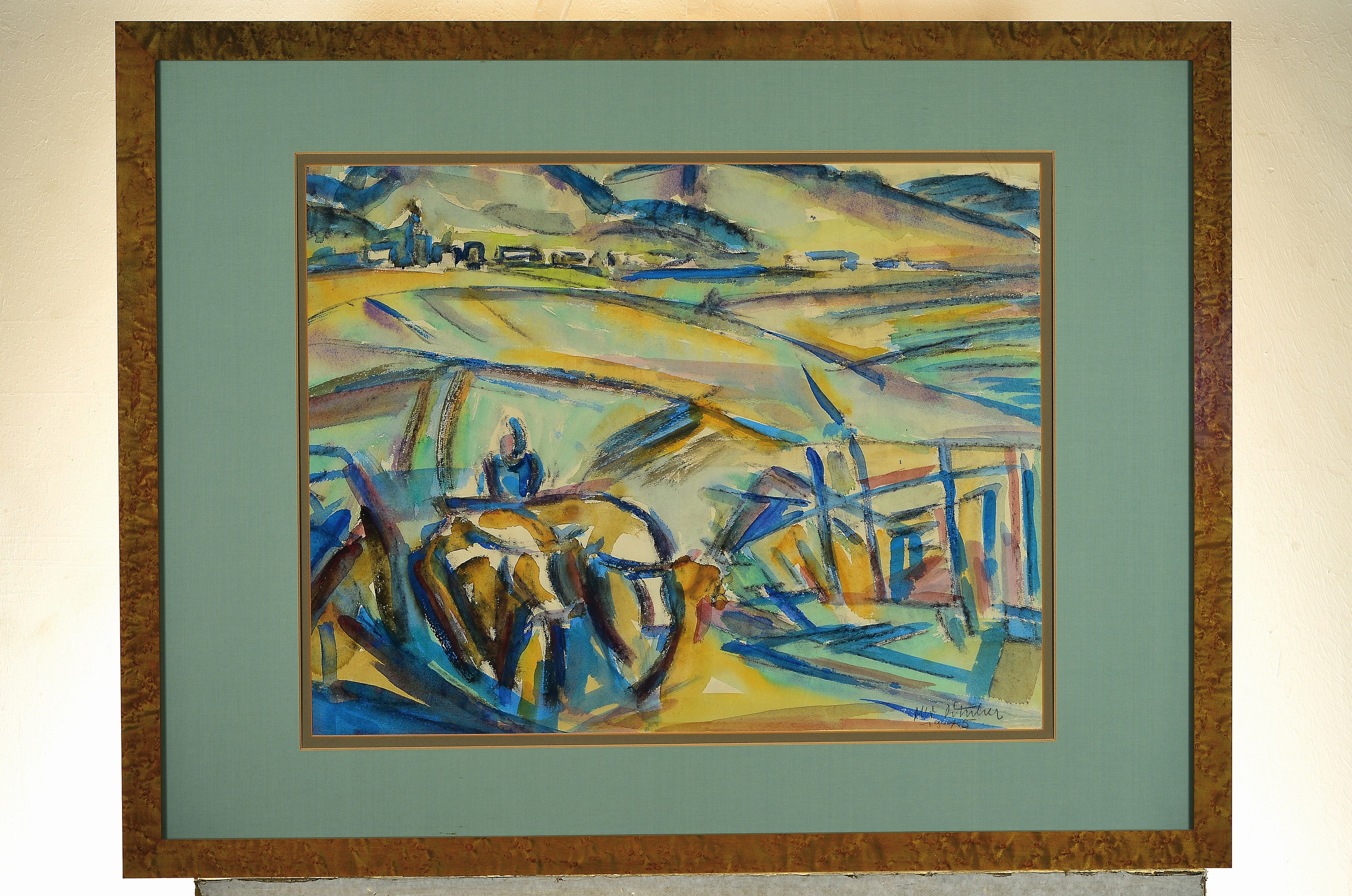 Detail k: Otto Ditscher, 1903-1987 Neuhofen, Aquarell,pflügender Bauer mit Ochsengespann, vor der Kulisse der Haardt, rechts unten signiert und datiert 1975, ...