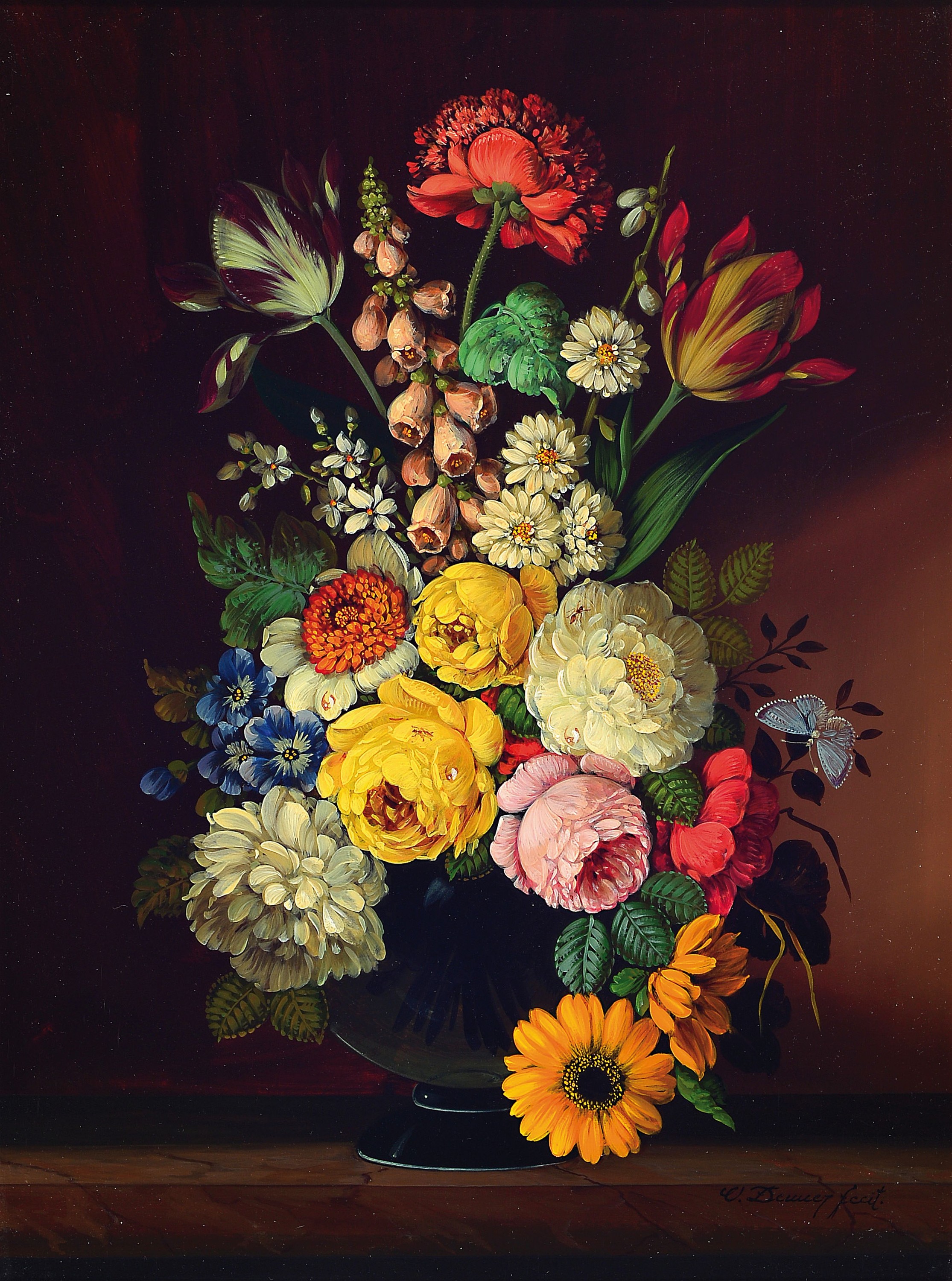 Oskar Denner, 1924 Wien-?, Blumenstillleben mit Insekten und Schmetterling, Öl/Holz, 40x30cm, rechts unten signiert O. Denner fecit, cm, Prunkrahmen ...