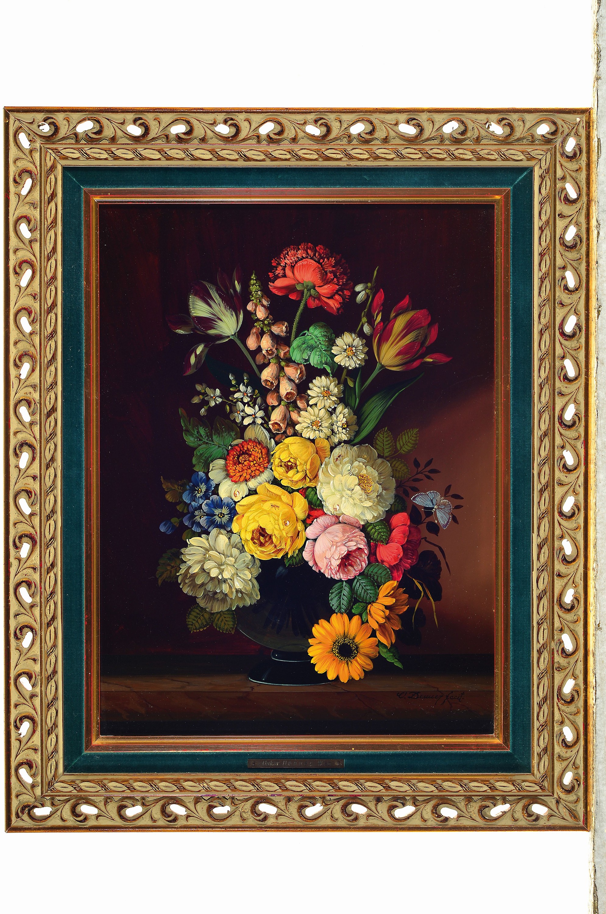 Detail k: Oskar Denner, 1924 Wien-?, Blumenstillleben mit Insekten und Schmetterling, Öl/Holz, 40x30cm, rechts unten signiert O. Denner fecit, cm, Prunkrahmen ...