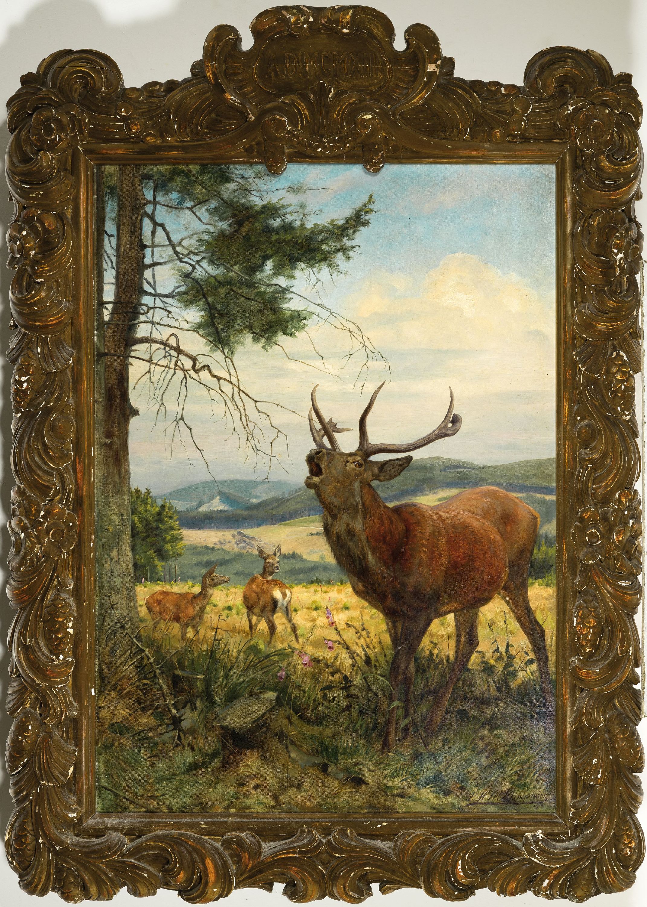 Detail k: Louis Henry Weston Klingender, 1861 Liverpool -1950 GB, röhrender Brunfthirsch am Waldrand, rechts unten signiert und datiert 1912, Öl/Lwd, 116x83 ...