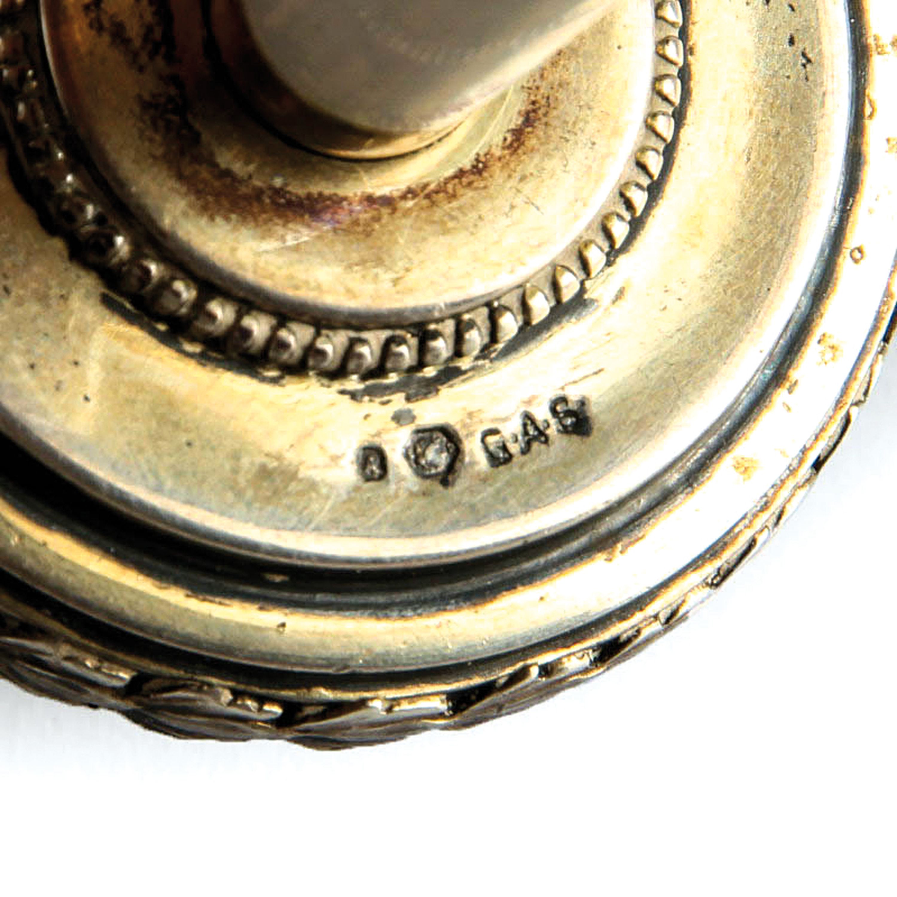 Detail e: Jugendstil-Tischklingel, Gustav Adam Scheid (1838-1921), Wien, Silbermontur gemarkt GAS,blau u. weiss emailliert guillochiert, L.ca. 10 cm