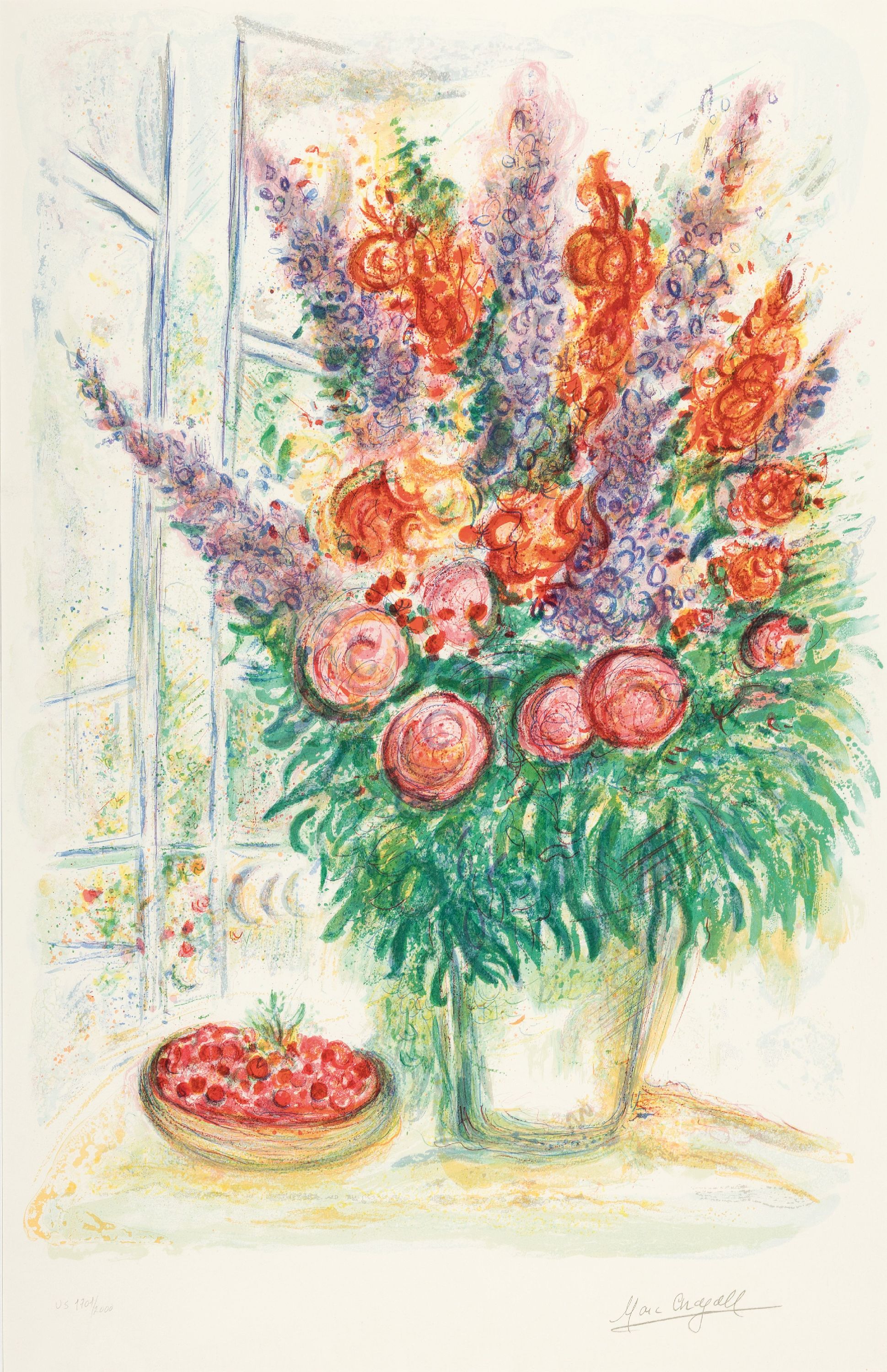 Marc Chagall, 1887-1985, Blumenbouquet mit Schale voller Kirschen, Farblithographie, drucksigniert, num. VS 1702/2000, ca. 80x55cm, PP, u.Gl., R. ca. ...