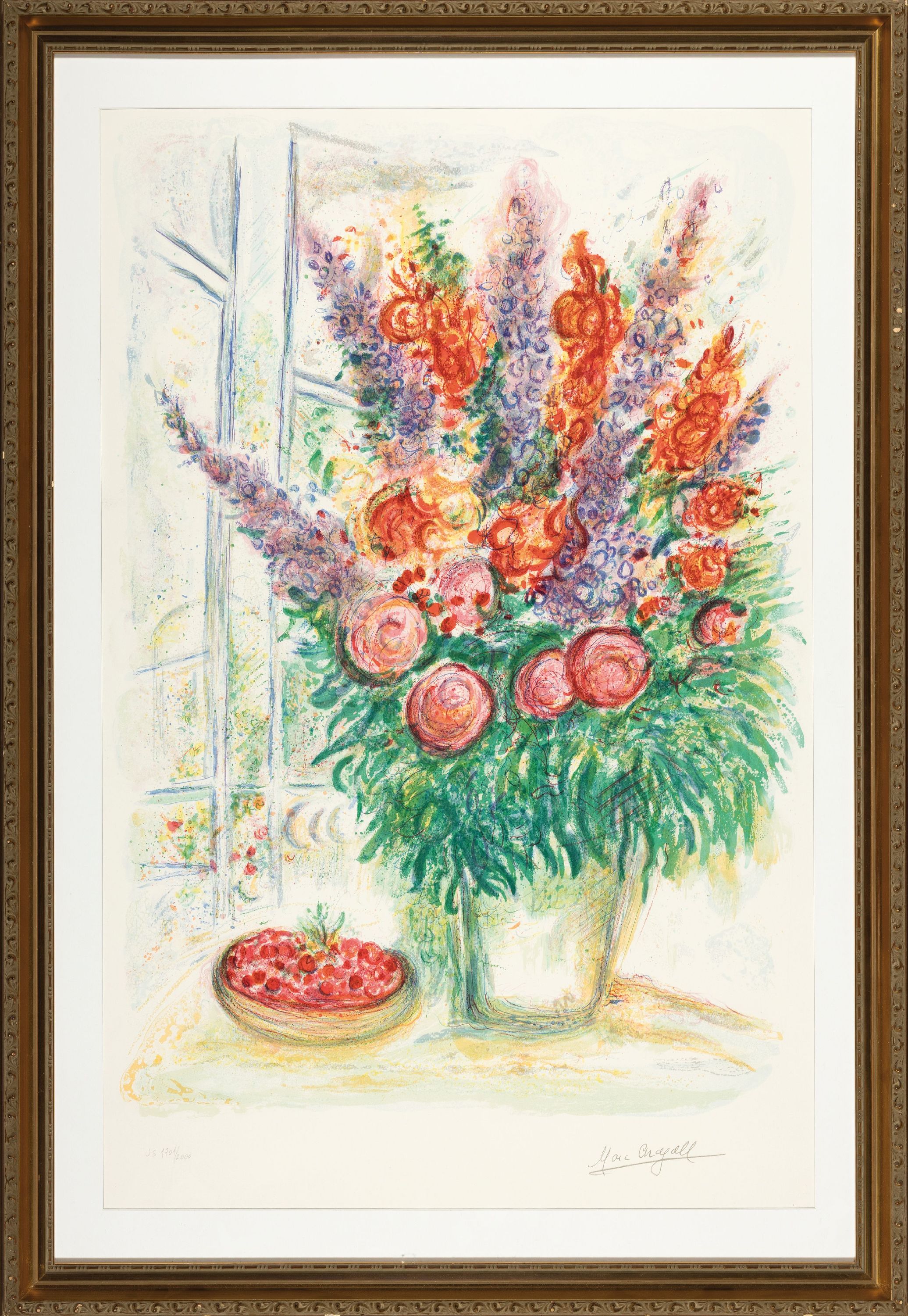 Detail k: Marc Chagall, 1887-1985, Blumenbouquet mit Schale voller Kirschen, Farblithographie, drucksigniert, num. VS 1702/2000, ca. 80x55cm, PP, u.Gl., R. ca. ...