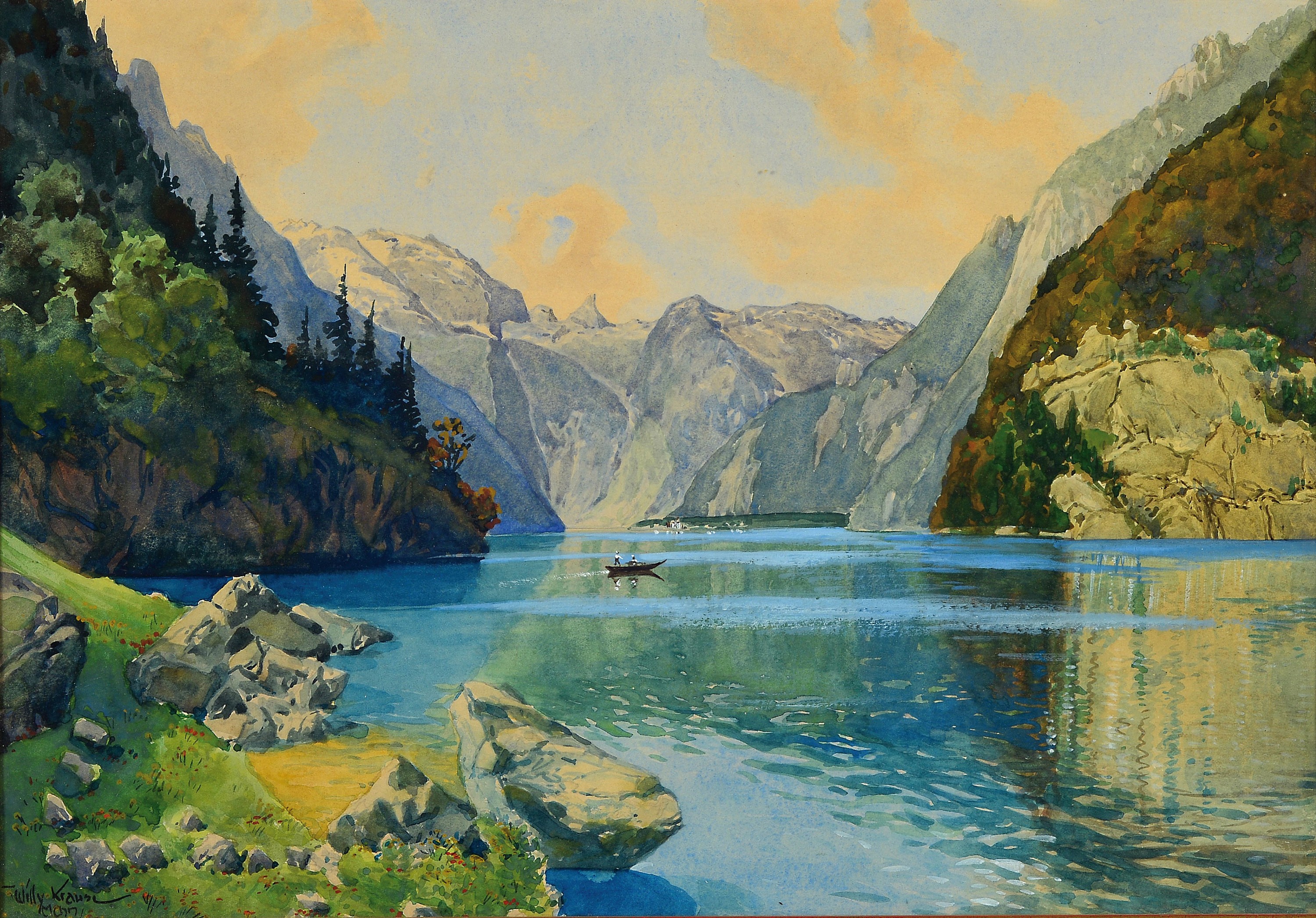 Willy Krause, 1875-1925 München, Blick auf den Königsee, Aquarell auf Papier, links unten sign. und bez. Mchn, ca. 32x46cm, u.Gl., R. ca. 40x54cm