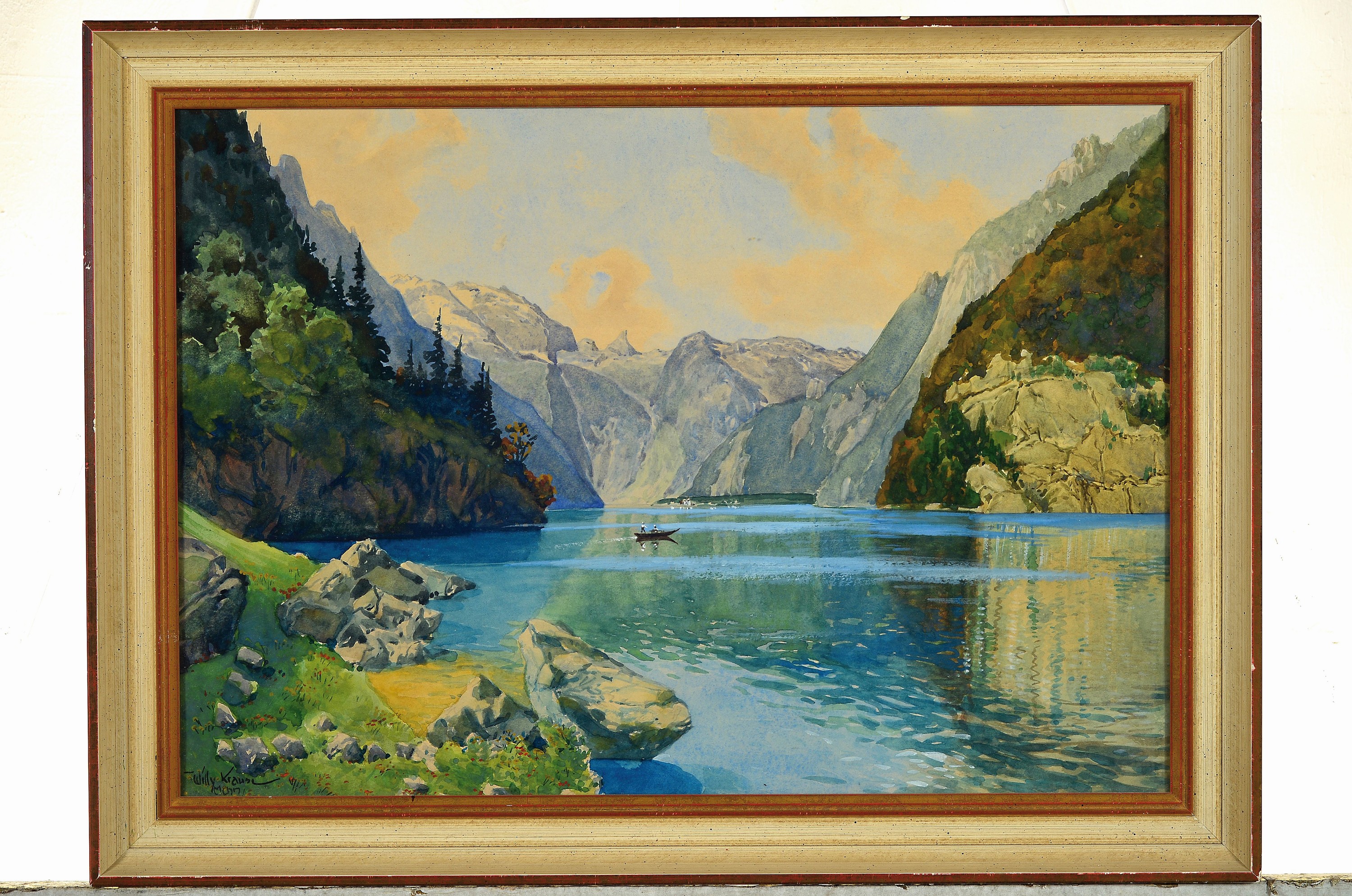 Detail k: Willy Krause, 1875-1925 München, Blick auf den Königsee, Aquarell auf Papier, links unten sign. und bez. Mchn, ca. 32x46cm, u.Gl., R. ca. 40x54cm
