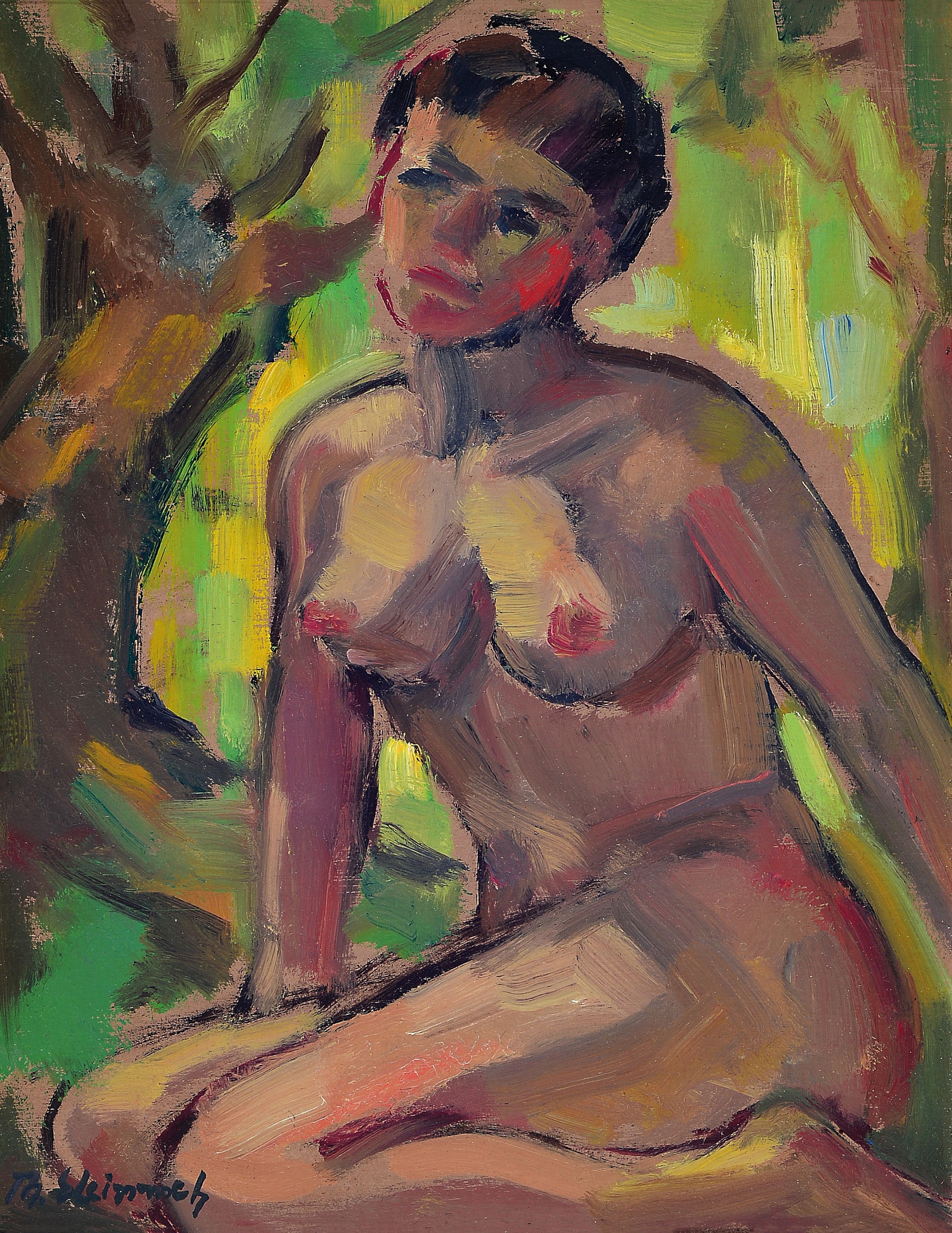 Philippe Steinmetz, 1900-1987 Landau, Akt vor Waldkulisse, Öl/Malkarton, links unten sign., ca. 25x20cm, R. ca. 33x27cm
