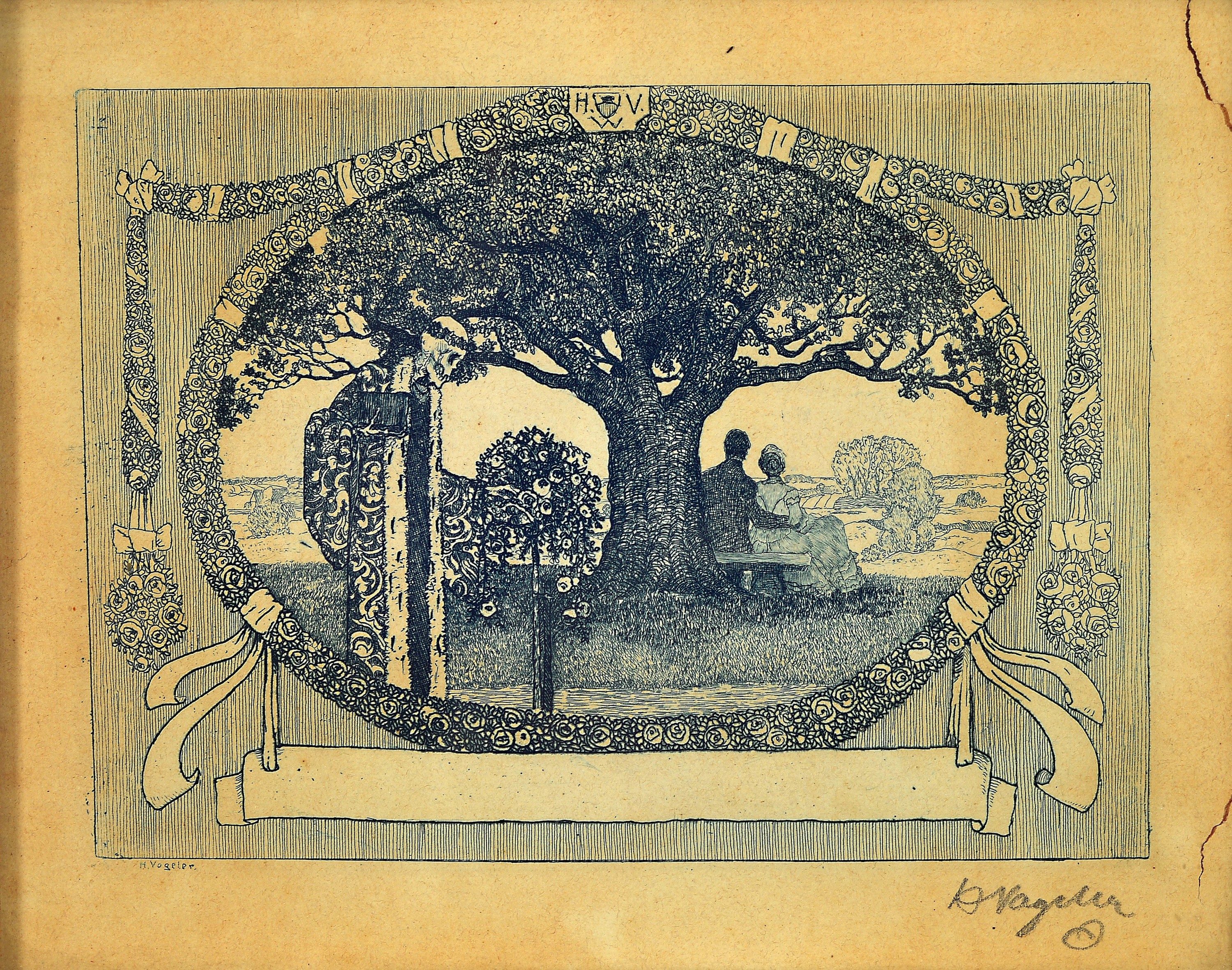 Heinrich Vogeler, 1872-1942, "Tod bricht Rosen" oder "Liebespaar und Tod", 1904, Radierung, rechts unten handsign., ca. 10 ...