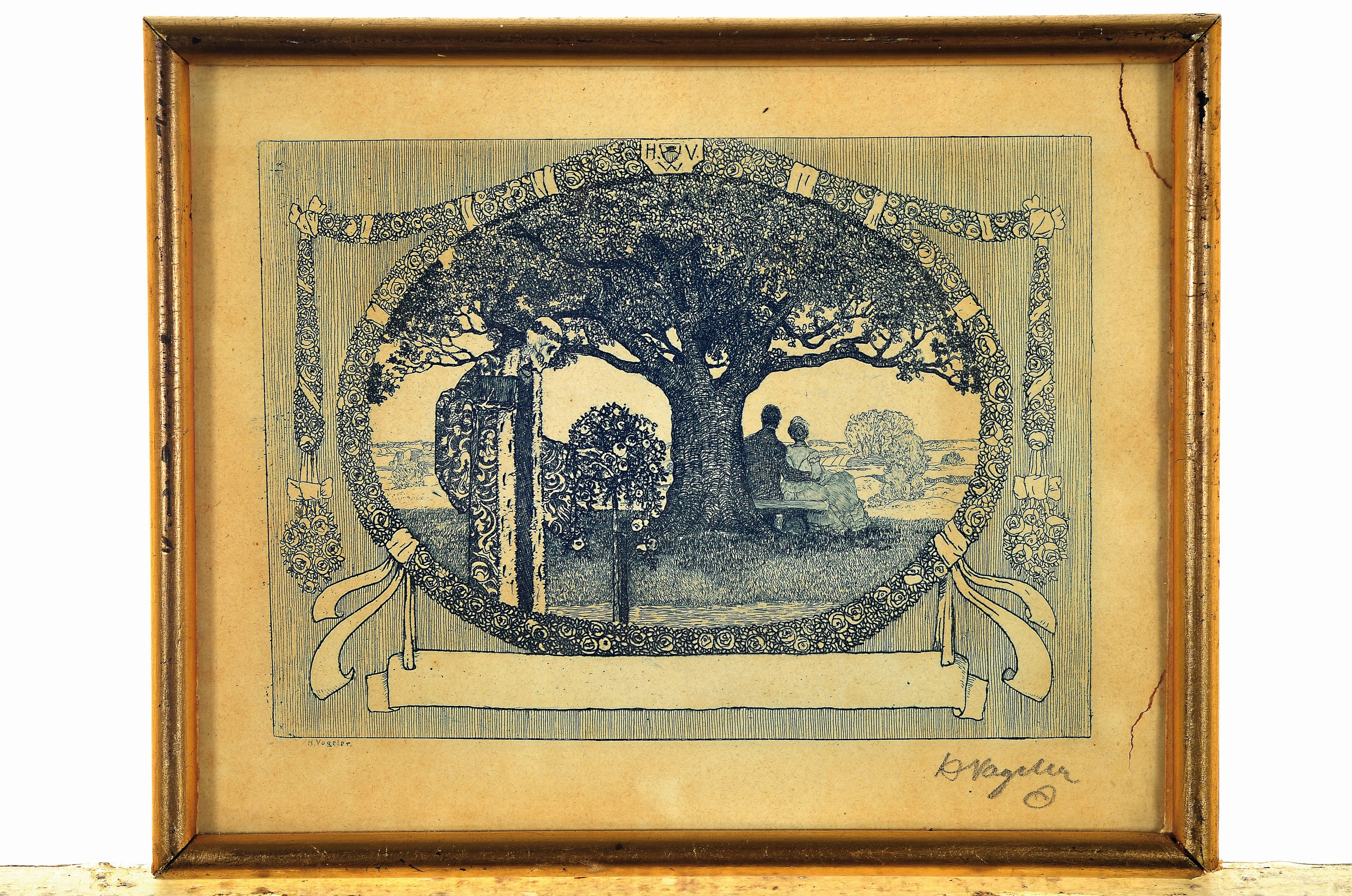 Detail k: Heinrich Vogeler, 1872-1942, "Tod bricht Rosen" oder "Liebespaar und Tod", 1904, Radierung, rechts unten handsign., ca. 10 ...