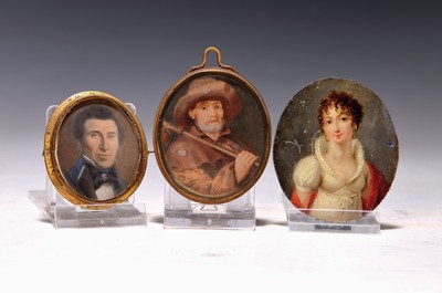 Image 26895068 - drei Miniaturen, 18./19. Jh., a. Landsknecht, Öl/Papier, oval, ca. 6 x 5cm, b. Herr ...