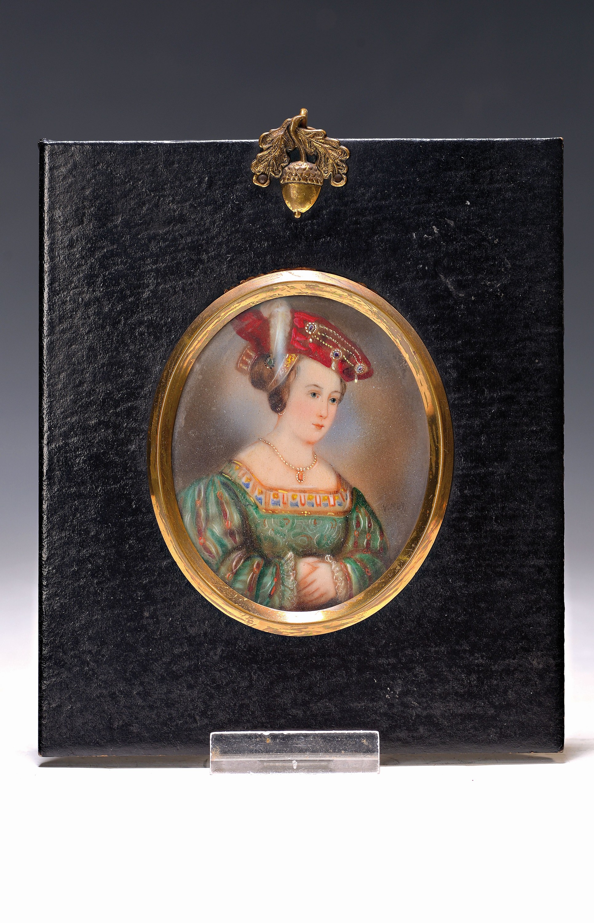 Miniaturmalerei, deutsch, um 1890-1900, Porträt einer jungen Frau, feine Gouachemalerei, im Oval ca. 7.5x6cm, u.Gl., R.ca. 15x13cm