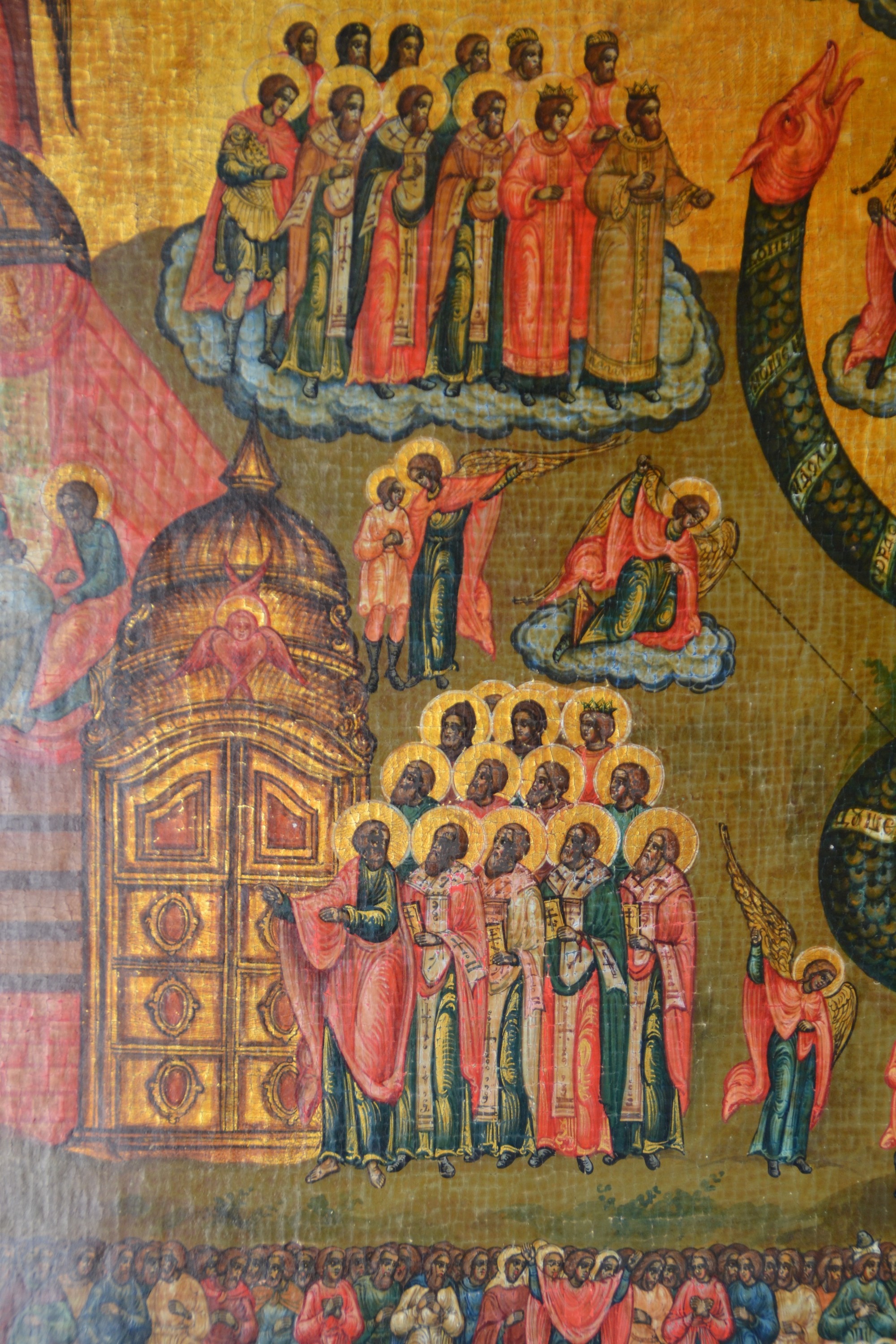 Detail g: Große Ikone, Russland, 19. Jahrhundert, "Jüngstes Gericht", Eitempera auf Kreidegrund, versilberter Hintergrund goldfarben lasiert, ...