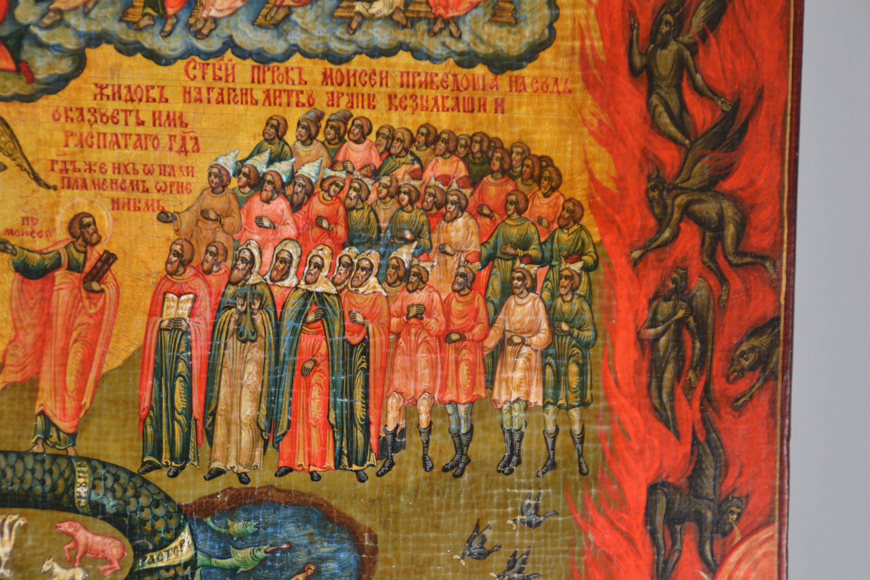 Detail i: Große Ikone, Russland, 19. Jahrhundert, "Jüngstes Gericht", Eitempera auf Kreidegrund, versilberter Hintergrund goldfarben lasiert, ...