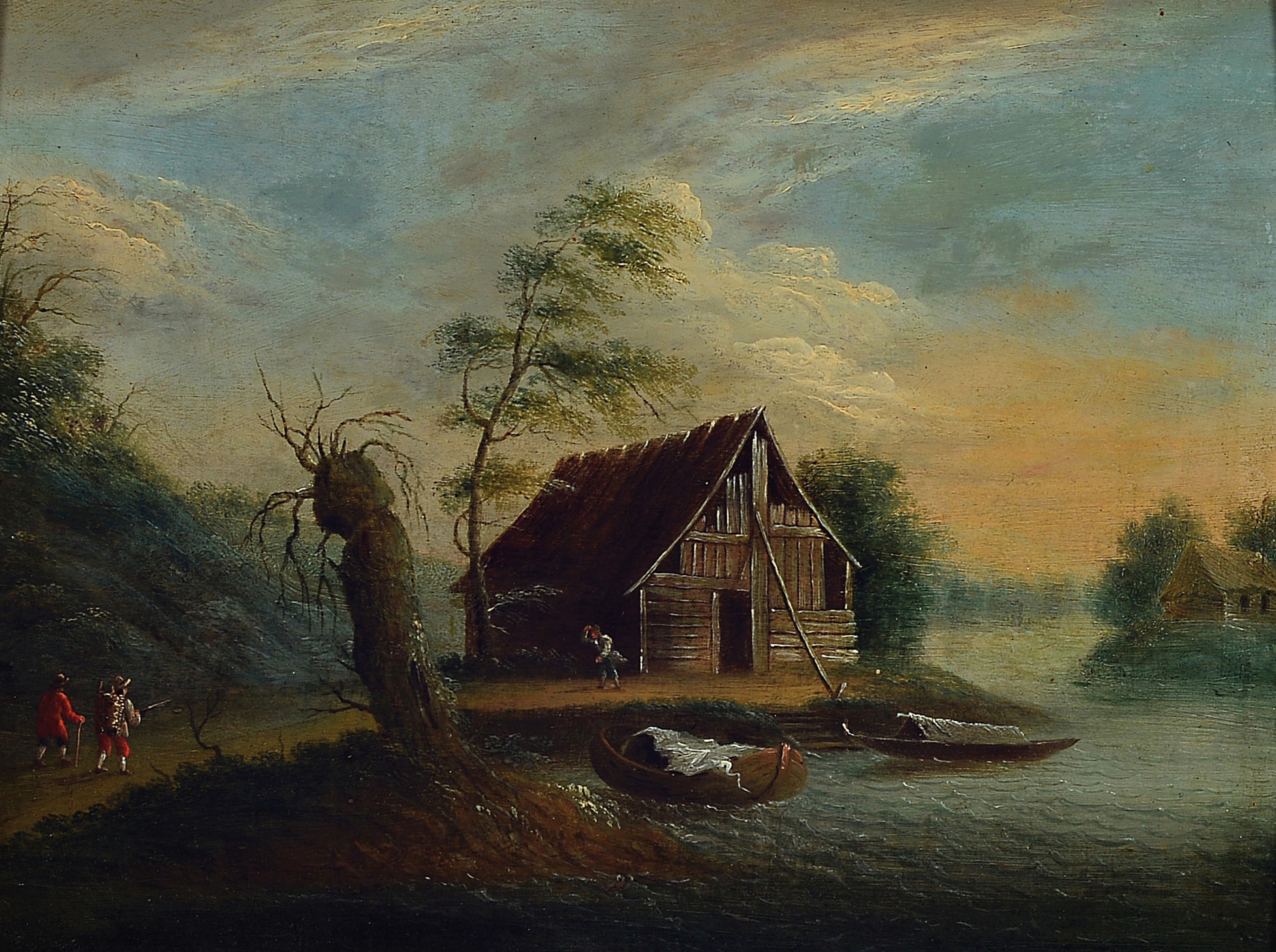 Unbekannter Künstler, um 1820/30, Hütte am See, am Ufer Personen, Öl/Holz, unsigniert, ca. 23 x 30 cm, Prunkrahmen ca. 44 x 50 cm