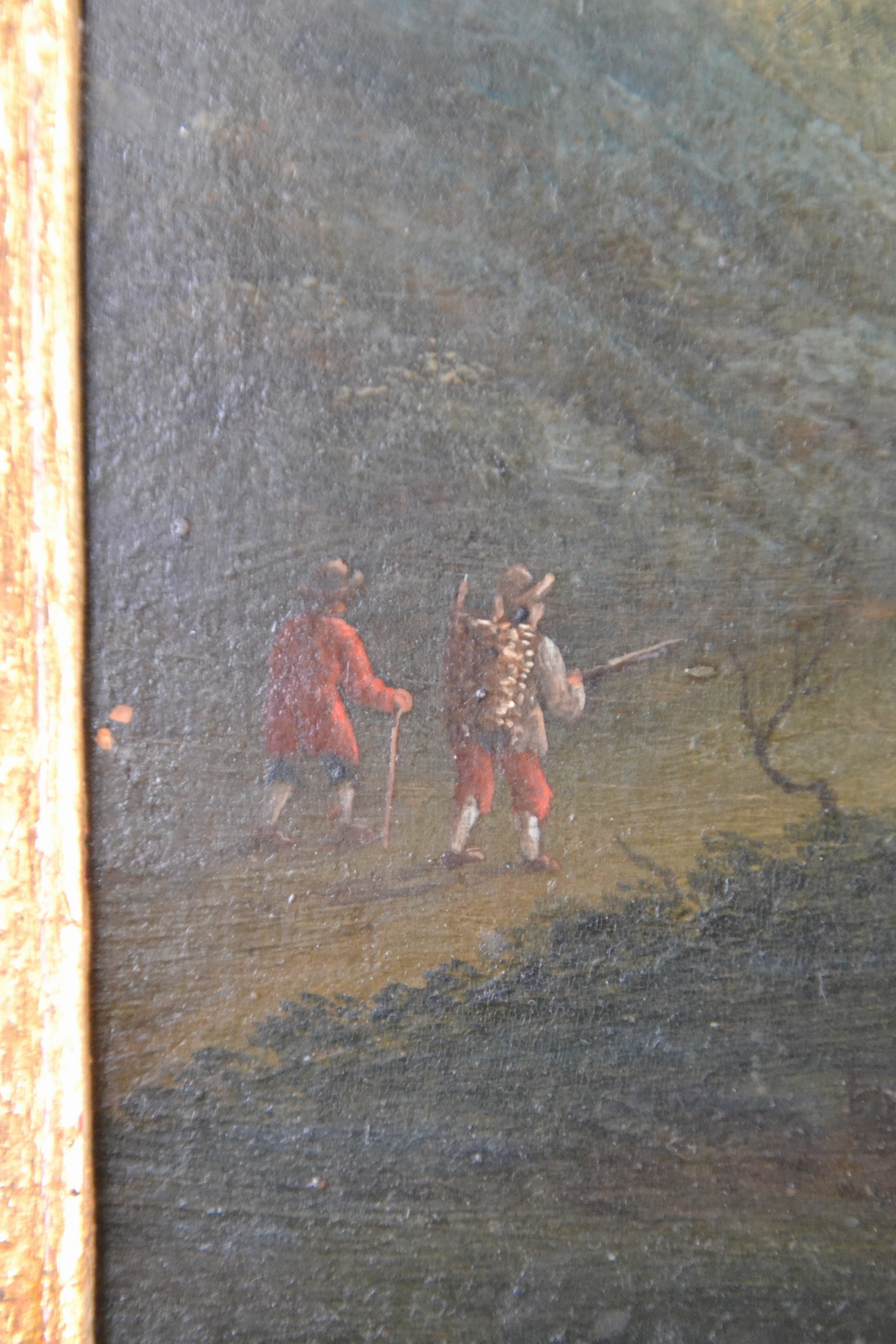 Detail a: Unbekannter Künstler, um 1820/30, Hütte am See, am Ufer Personen, Öl/Holz, unsigniert, ca. 23 x 30 cm, Prunkrahmen ca. 44 x 50 cm
