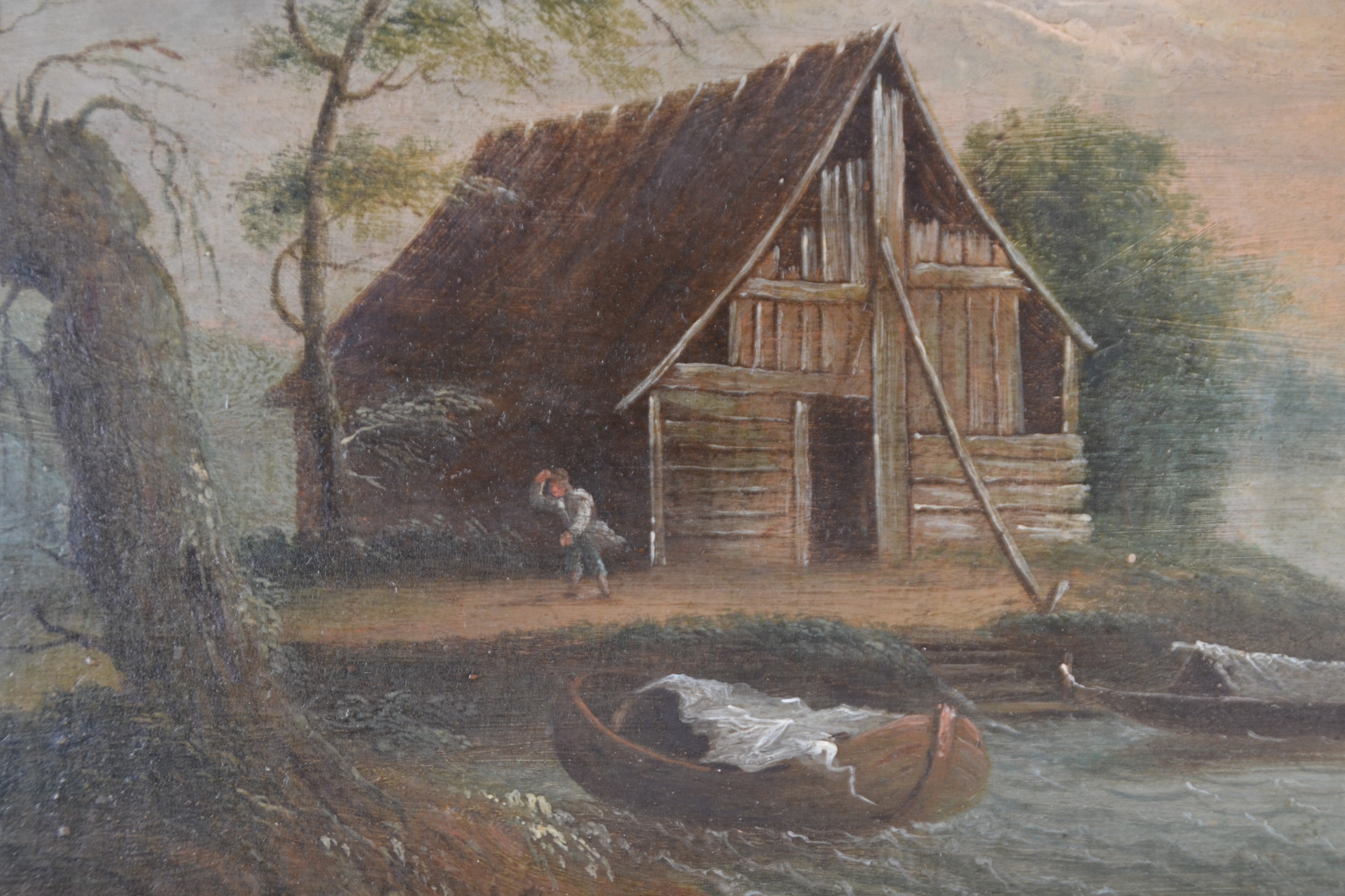 Detail b: Unbekannter Künstler, um 1820/30, Hütte am See, am Ufer Personen, Öl/Holz, unsigniert, ca. 23 x 30 cm, Prunkrahmen ca. 44 x 50 cm