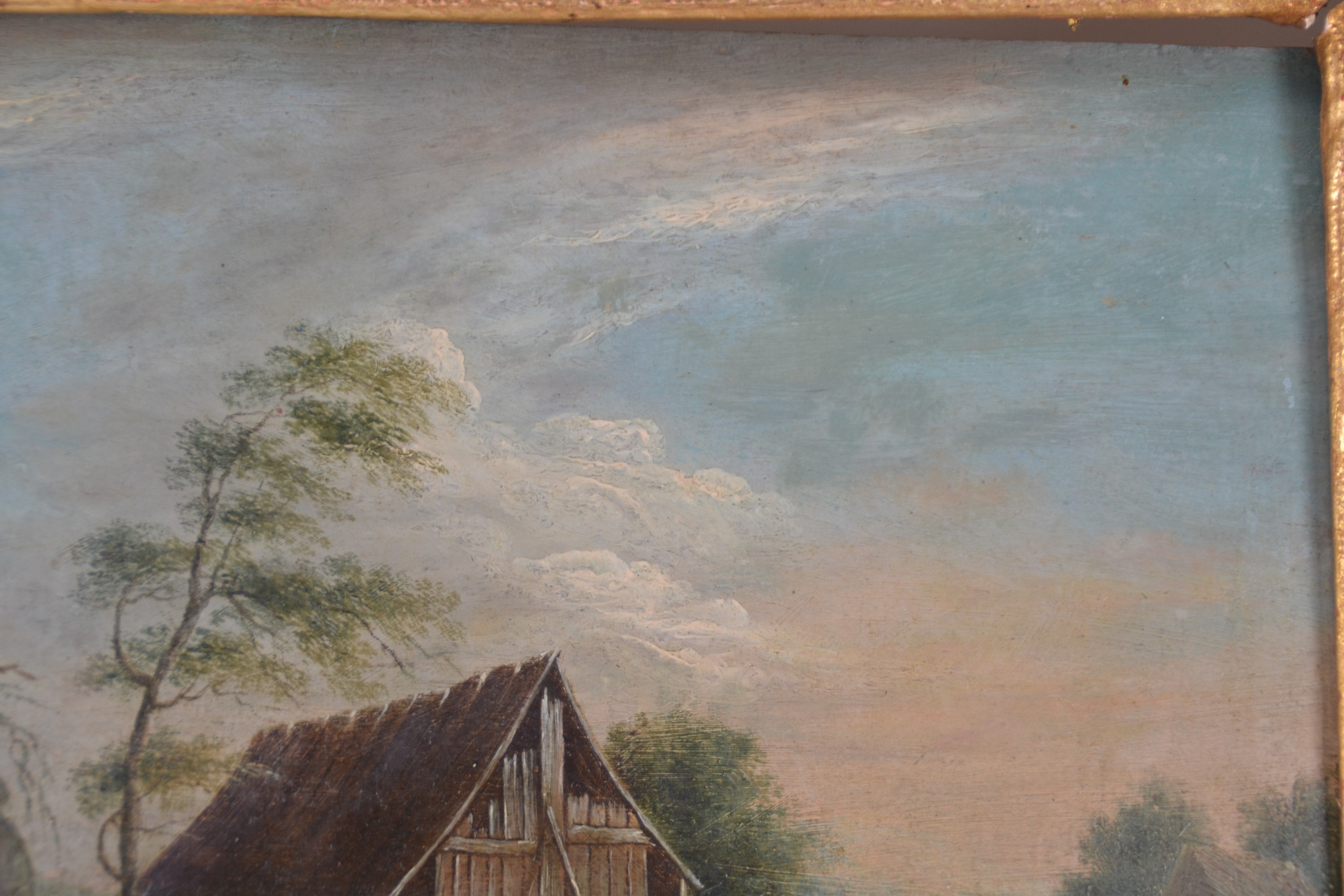 Detail c: Unbekannter Künstler, um 1820/30, Hütte am See, am Ufer Personen, Öl/Holz, unsigniert, ca. 23 x 30 cm, Prunkrahmen ca. 44 x 50 cm