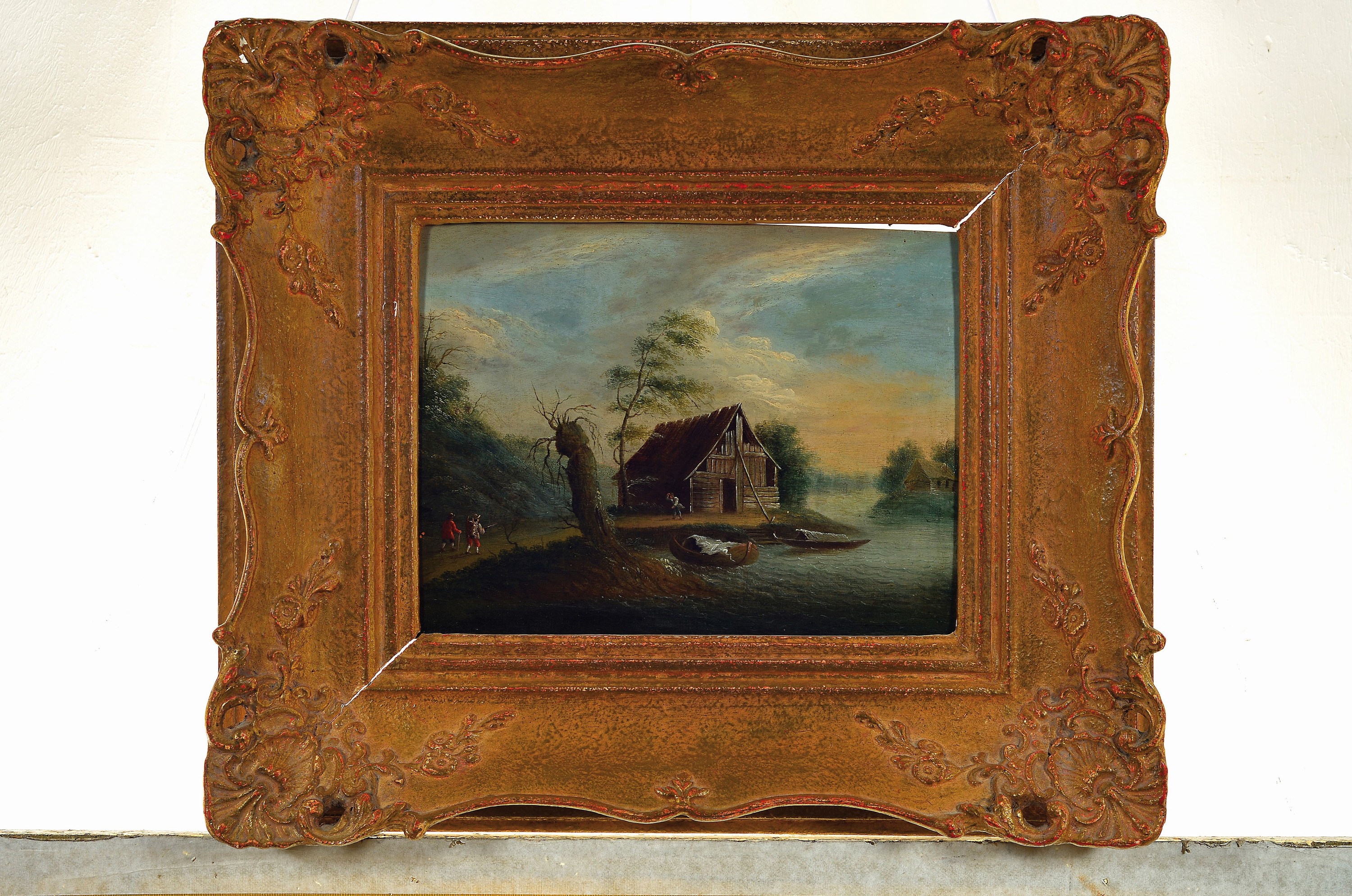 Detail k: Unbekannter Künstler, um 1820/30, Hütte am See, am Ufer Personen, Öl/Holz, unsigniert, ca. 23 x 30 cm, Prunkrahmen ca. 44 x 50 cm