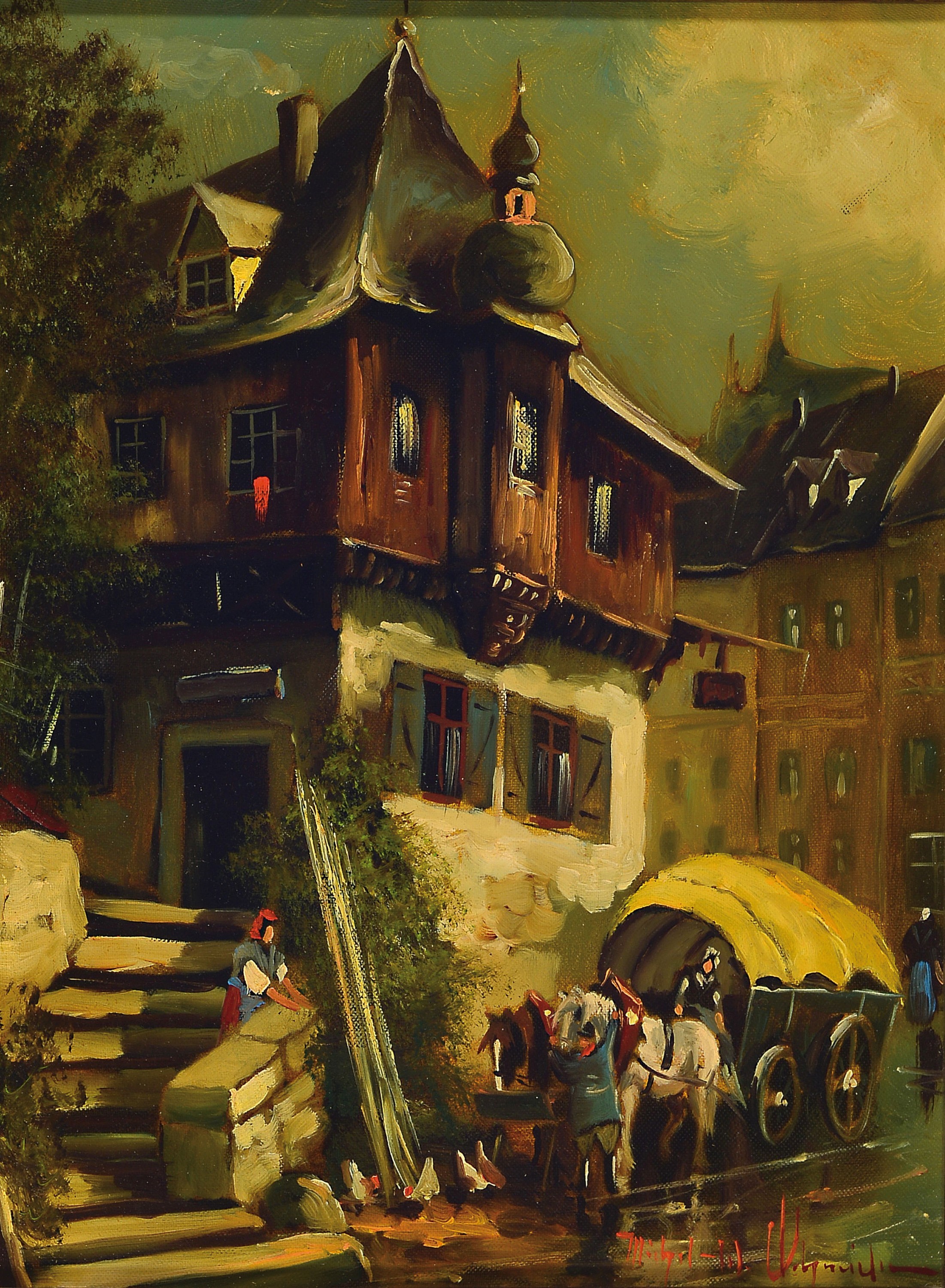 Michel W. Schmidt o.ä., Mitte 20. Jh., unleserlich signiert, Stadtansicht mit Pferdewagen, Öl/Lwd, re. u. signiert, ca. 40 x 30 cm, Rahmen