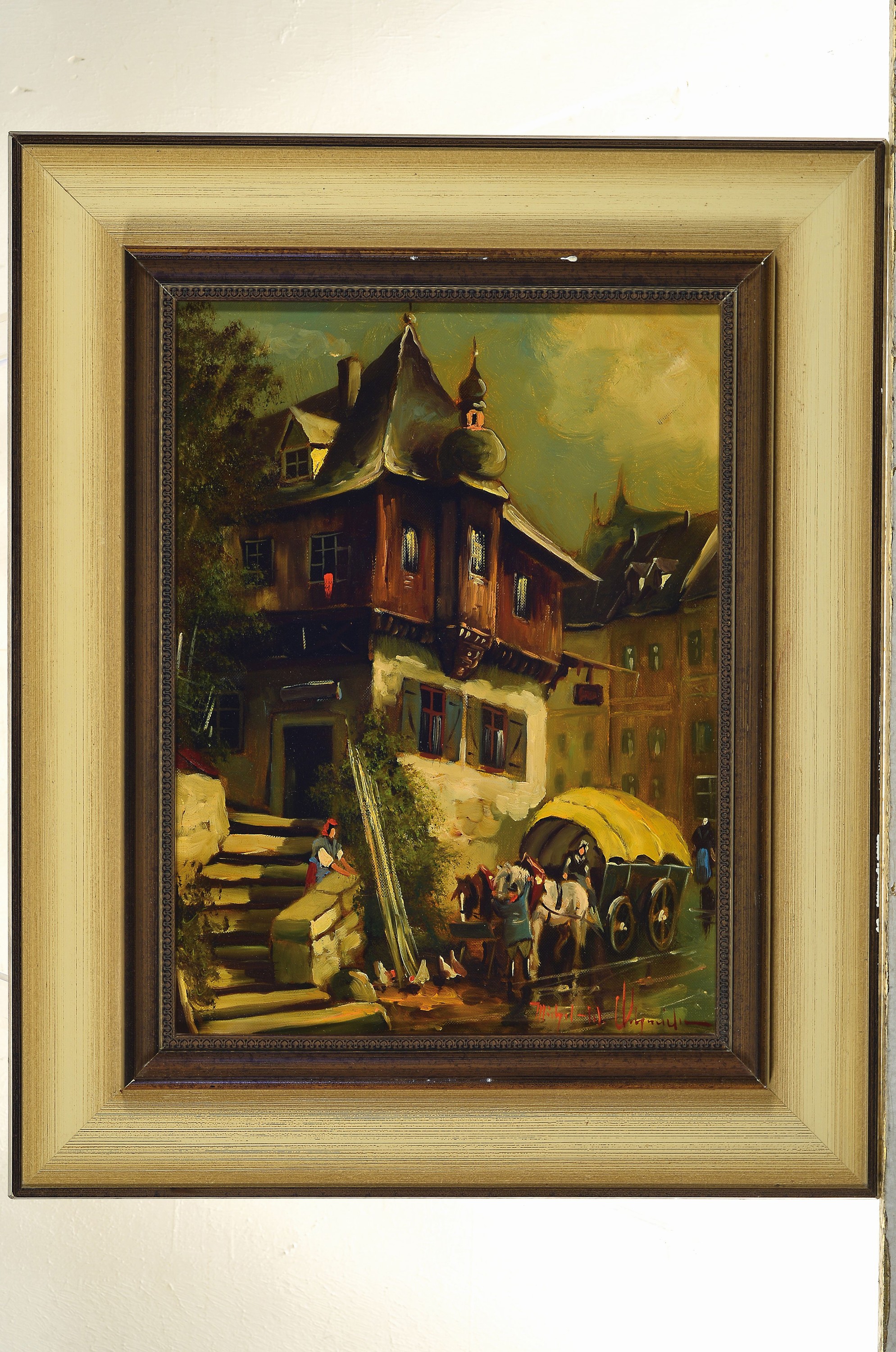 Detail k: Michel W. Schmidt o.ä., Mitte 20. Jh., unleserlich signiert, Stadtansicht mit Pferdewagen, Öl/Lwd, re. u. signiert, ca. 40 x 30 cm, Rahmen