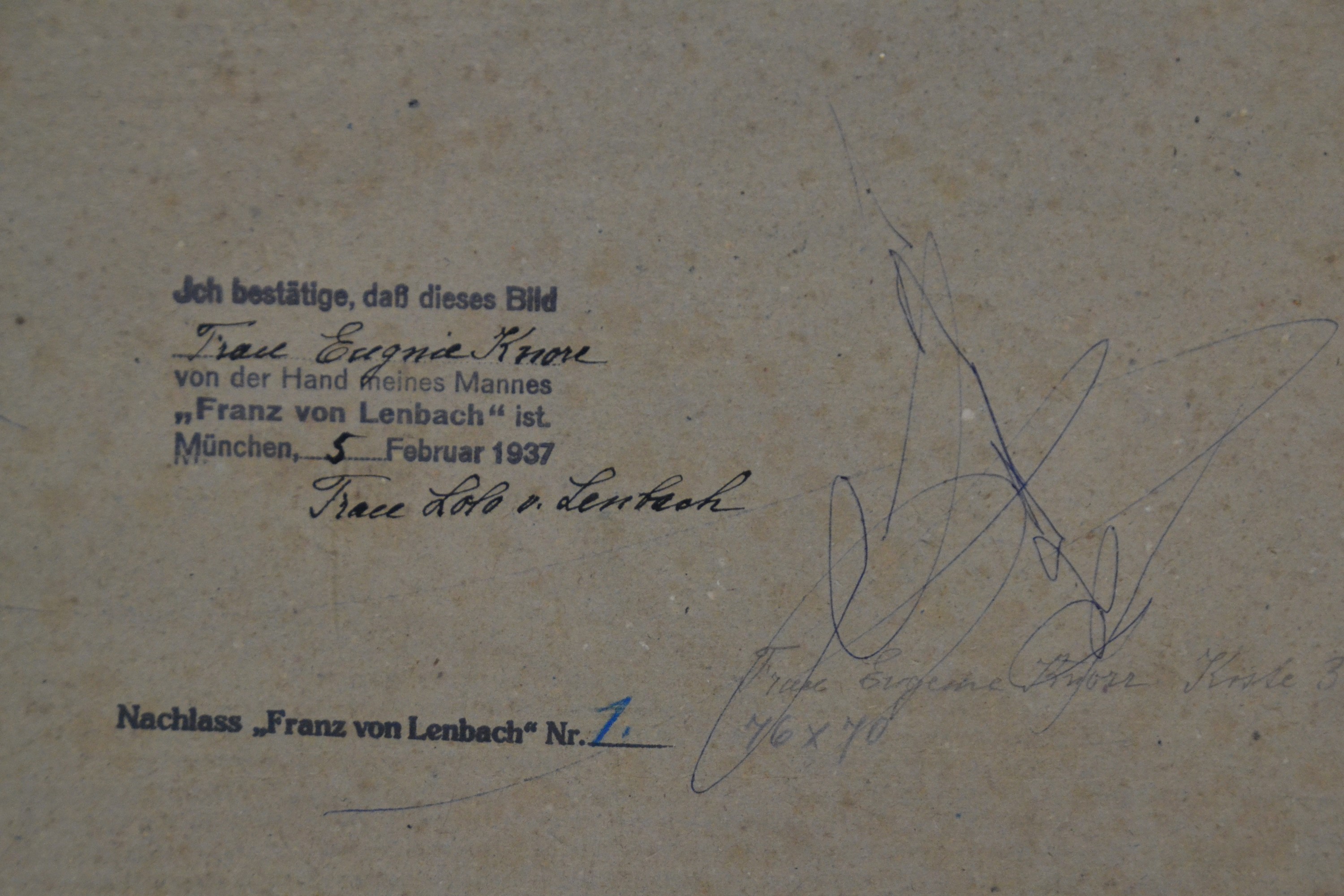 Detail c: Franz von Lenbach, 1836 Schrobenhausen - 1904 München, Porträt der Frau Eugenie Knorr, Mischtechnik, Pastell/Kohle/Aquarell auf Papier, re. unten ...