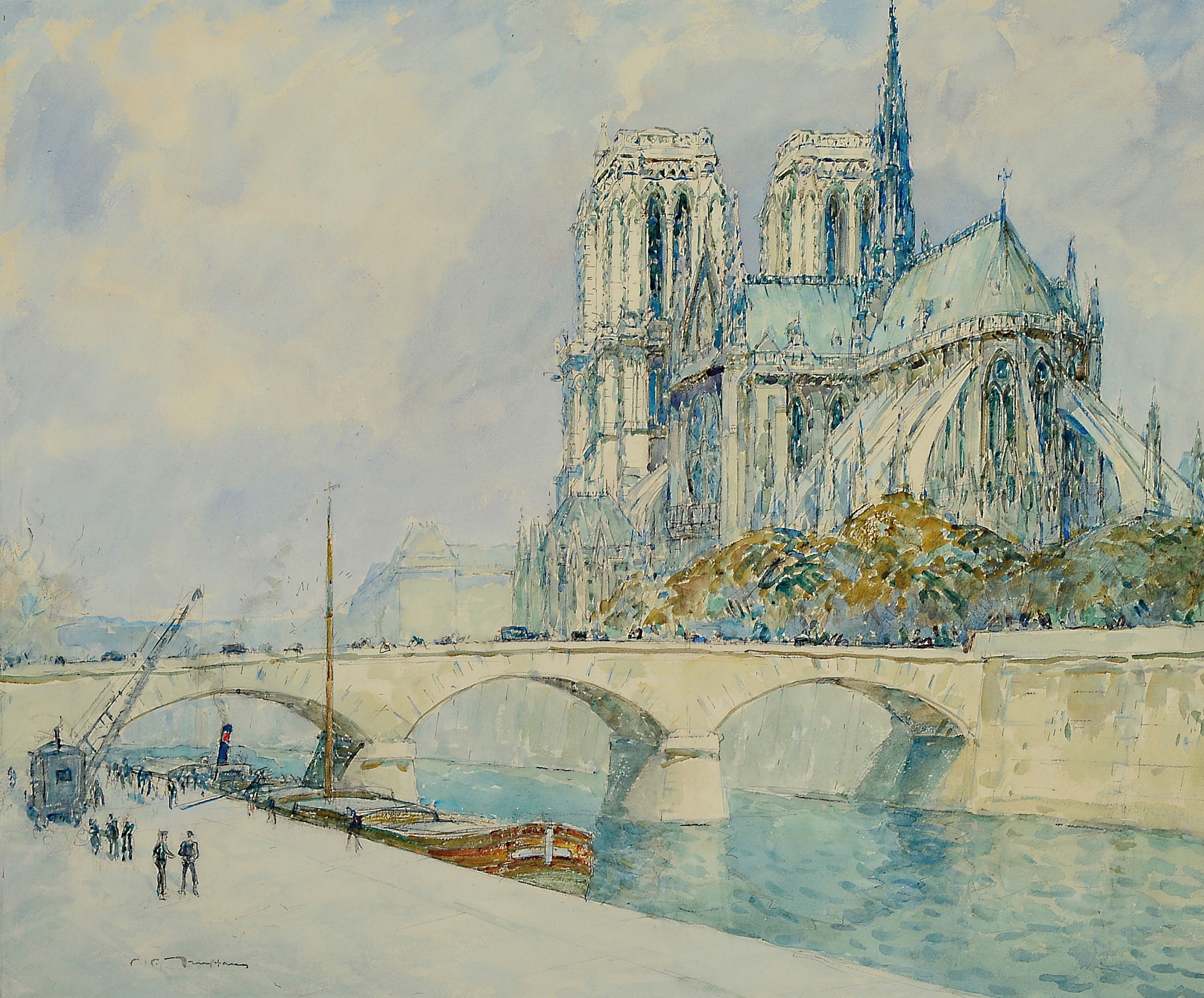Fernand Fortune Truffant, 1866 - 1955, zwei Aquarelle, Ansichten der Kathedrale Notre-Dame de Paris, Vorder und Seitenansicht, zwei Pendants, beide ...